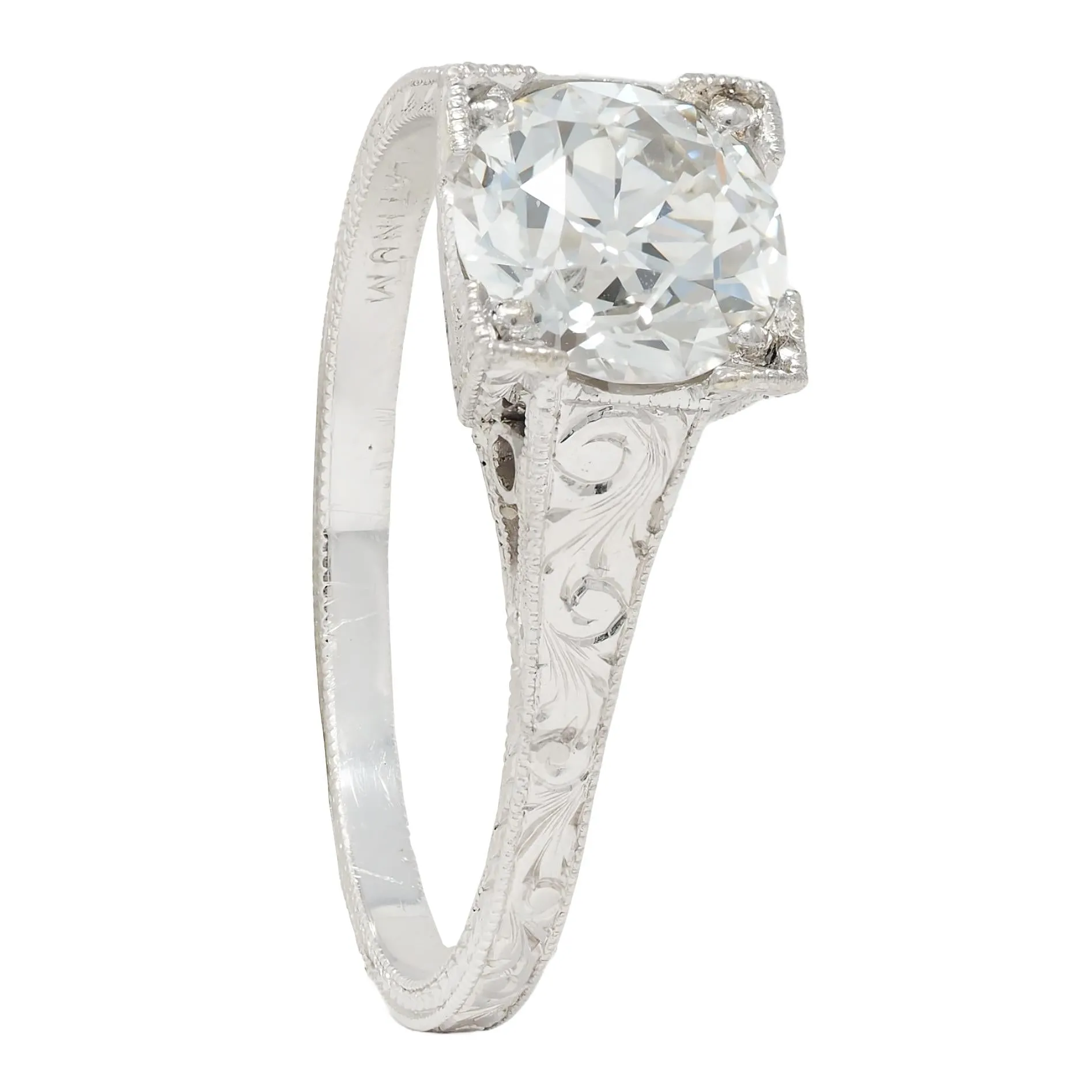 Art Deco 1.09 CTW Old European Cut Diamond Platinum Scroll Engraved Vintage Engagement Ring GIA