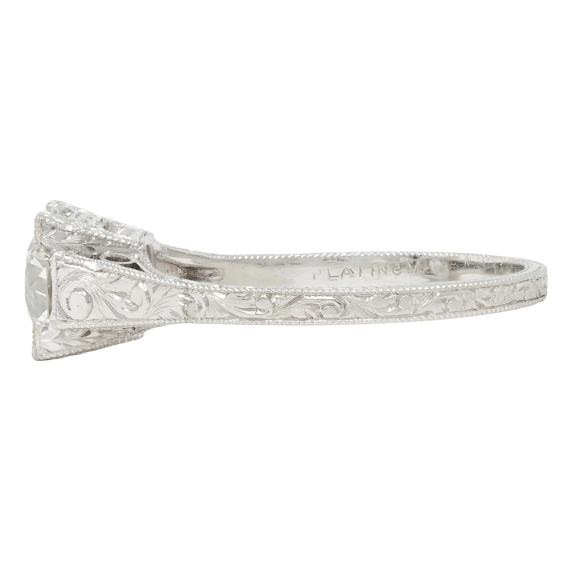 Art Deco 1.09 CTW Old European Cut Diamond Platinum Scroll Engraved Vintage Engagement Ring GIA