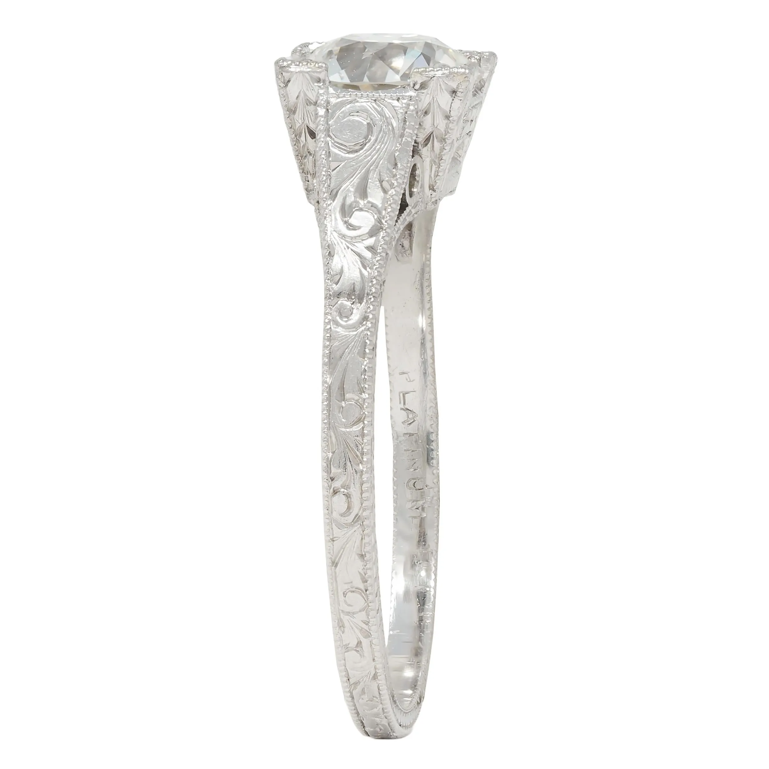 Art Deco 1.09 CTW Old European Cut Diamond Platinum Scroll Engraved Vintage Engagement Ring GIA