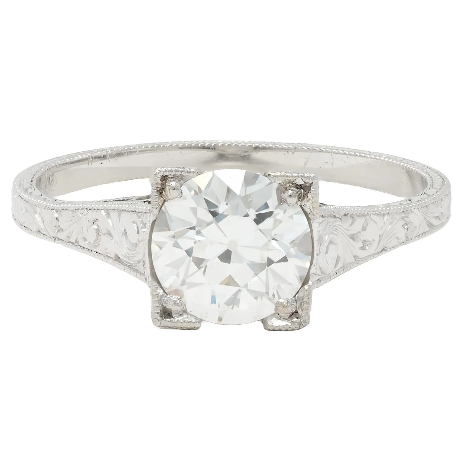 Art Deco 1.09 CTW Old European Cut Diamond Platinum Scroll Engraved Vintage Engagement Ring GIA