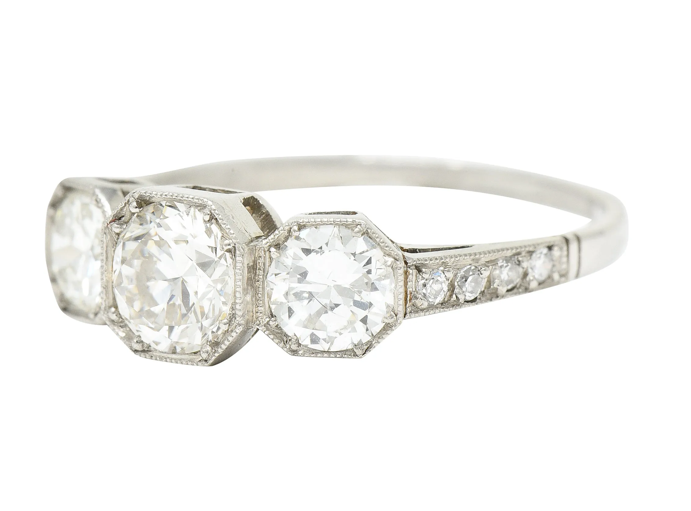 Art Deco 1.34 CTW Old European Cut Diamond Platinum Octagonal Three Stone Alternative Ring
