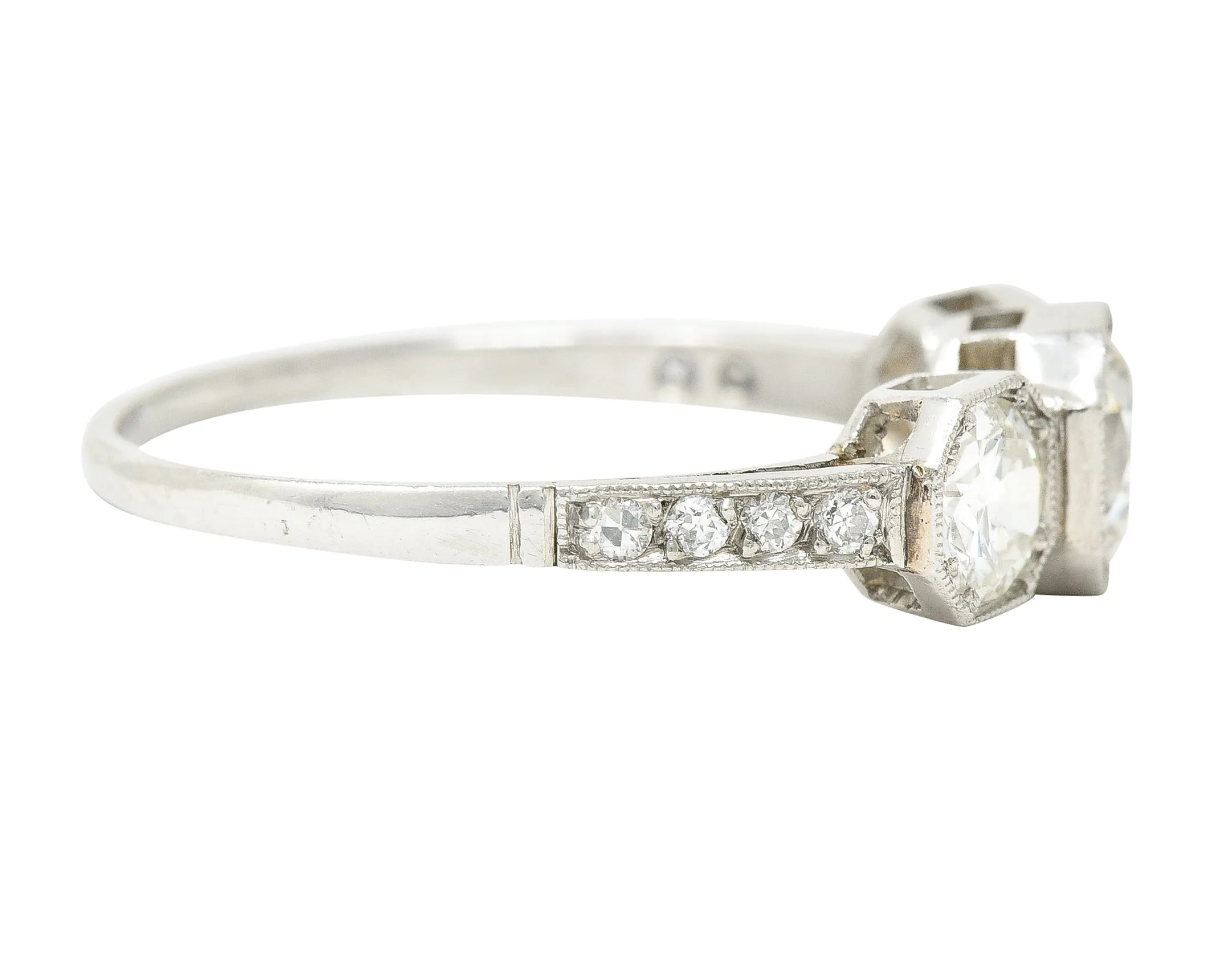 Art Deco 1.34 CTW Old European Cut Diamond Platinum Octagonal Three Stone Alternative Ring