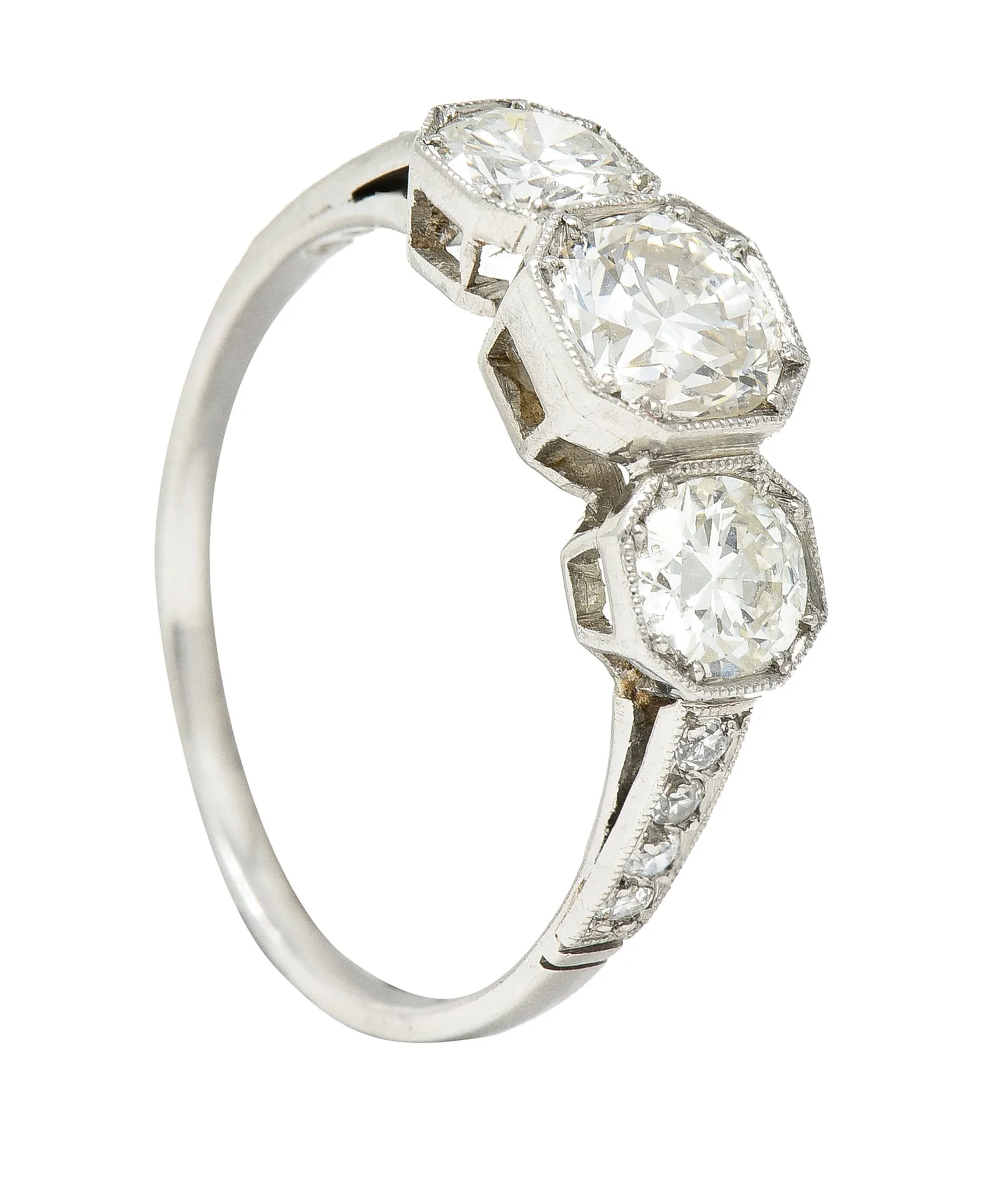 Art Deco 1.34 CTW Old European Cut Diamond Platinum Octagonal Three Stone Alternative Ring