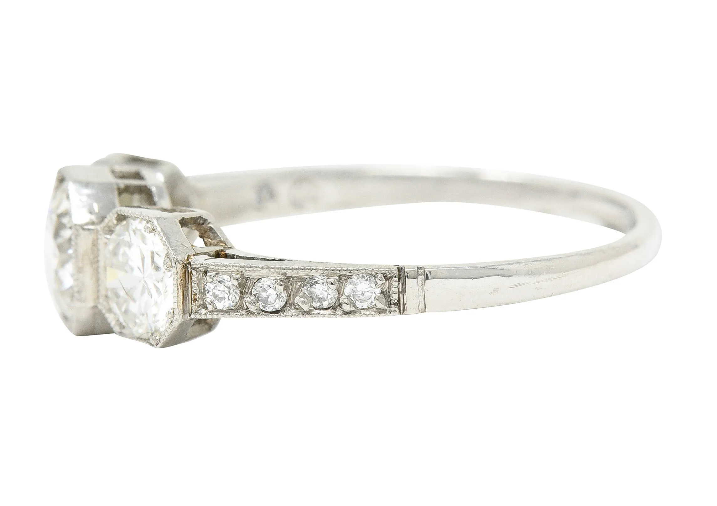 Art Deco 1.34 CTW Old European Cut Diamond Platinum Octagonal Three Stone Alternative Ring