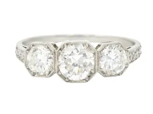 Art Deco 1.34 CTW Old European Cut Diamond Platinum Octagonal Three Stone Alternative Ring