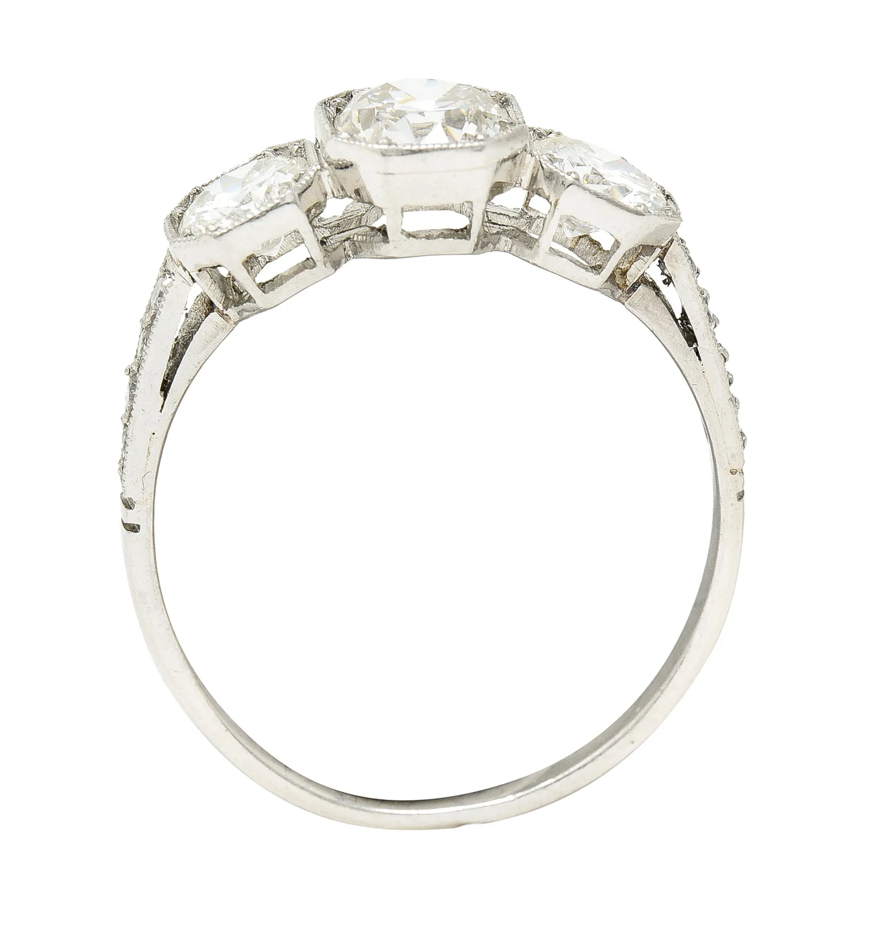 Art Deco 1.34 CTW Old European Cut Diamond Platinum Octagonal Three Stone Alternative Ring