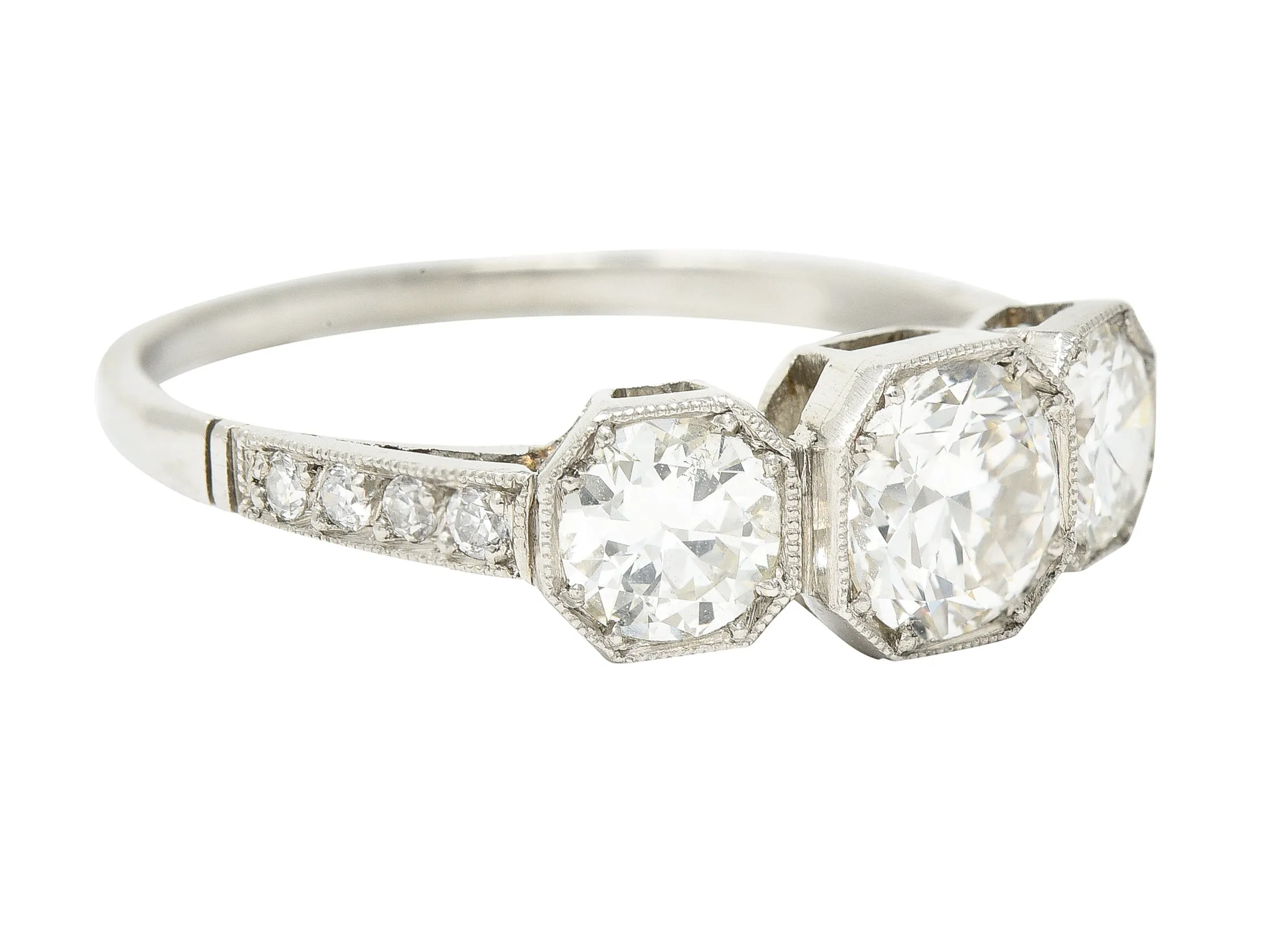 Art Deco 1.34 CTW Old European Cut Diamond Platinum Octagonal Three Stone Alternative Ring