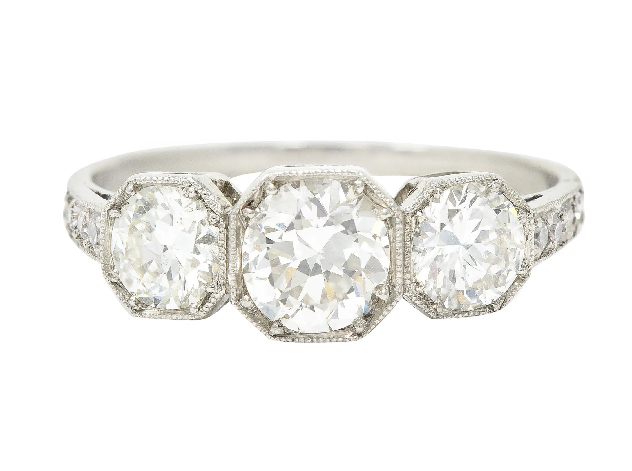 Art Deco 1.34 CTW Old European Cut Diamond Platinum Octagonal Three Stone Alternative Ring