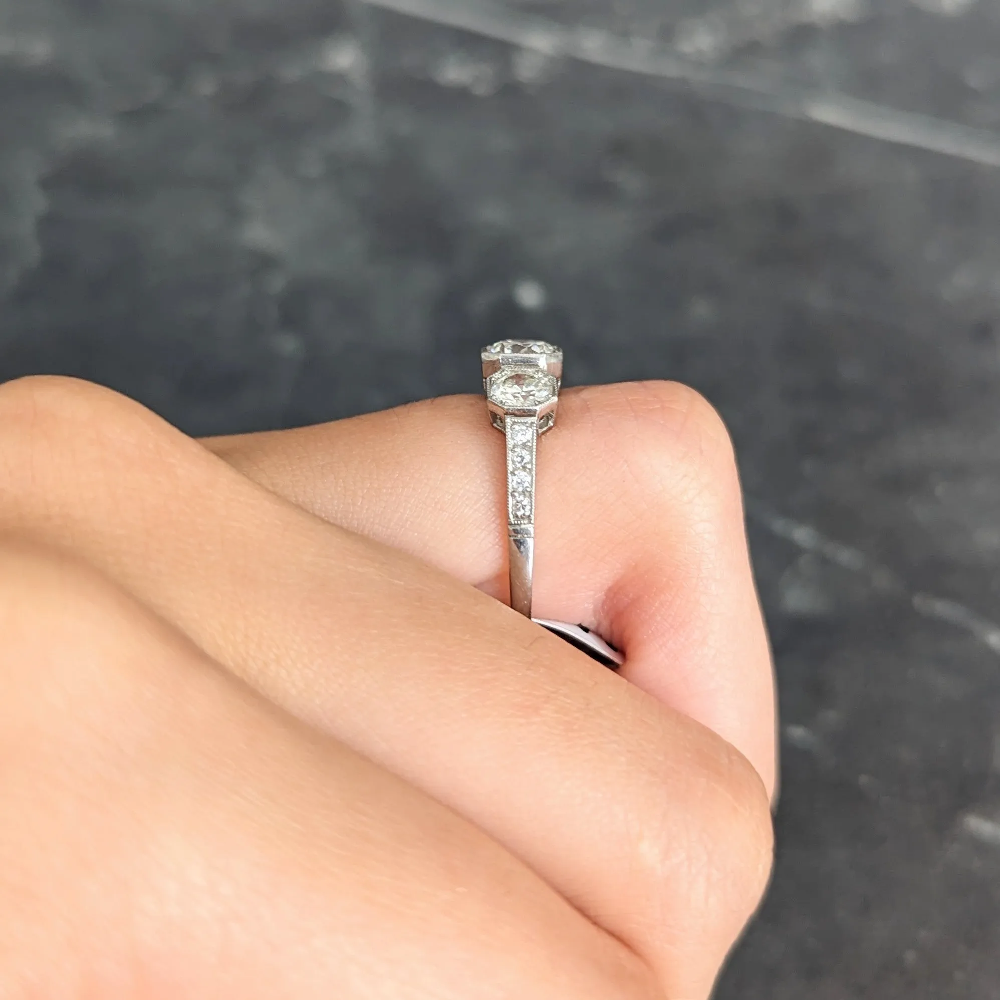 Art Deco 1.34 CTW Old European Cut Diamond Platinum Octagonal Three Stone Alternative Ring