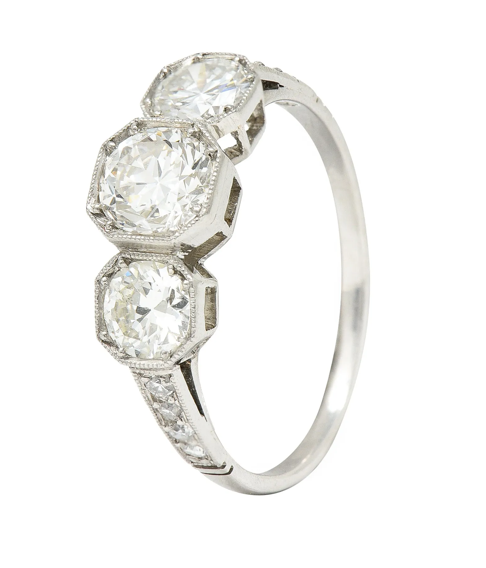 Art Deco 1.34 CTW Old European Cut Diamond Platinum Octagonal Three Stone Alternative Ring