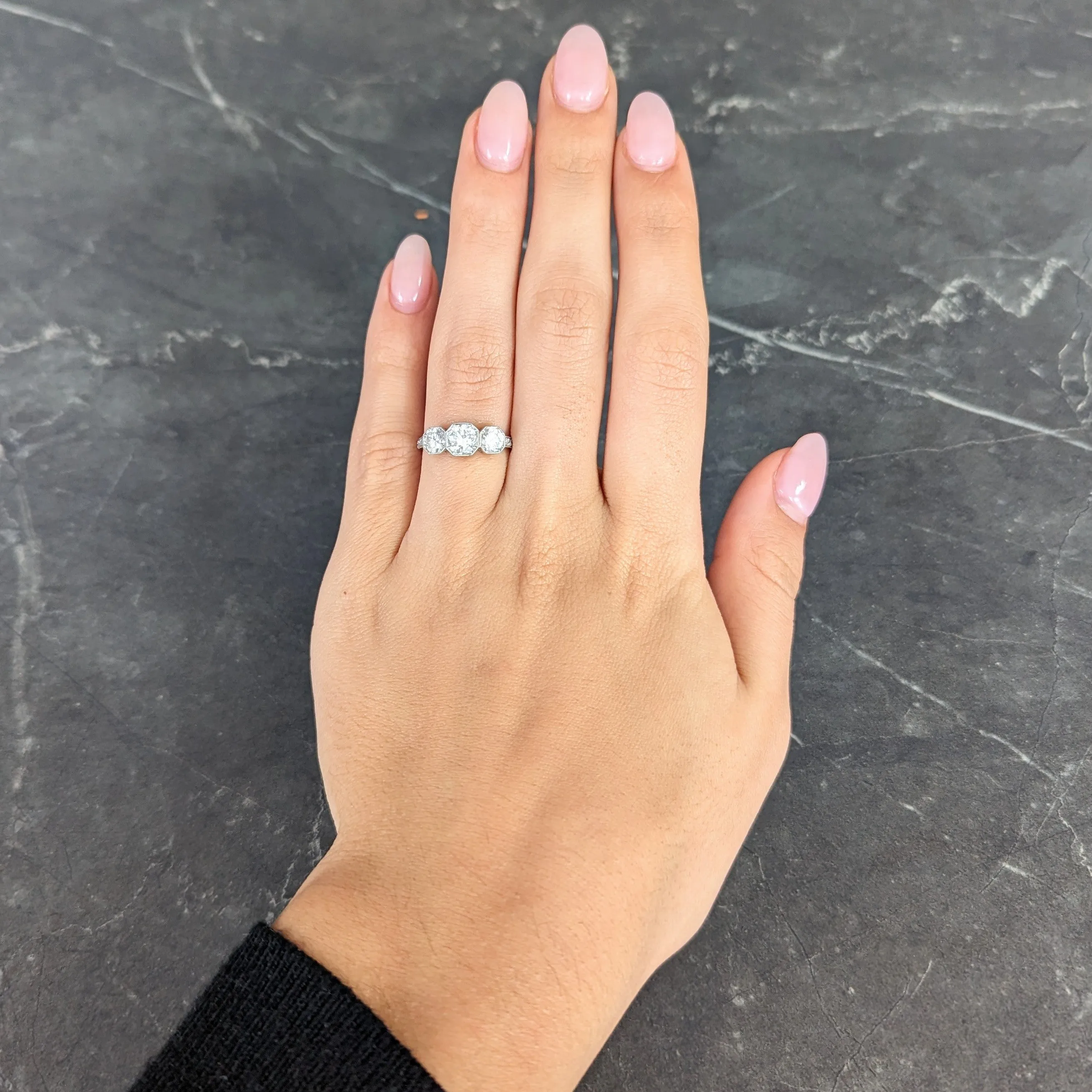 Art Deco 1.34 CTW Old European Cut Diamond Platinum Octagonal Three Stone Alternative Ring