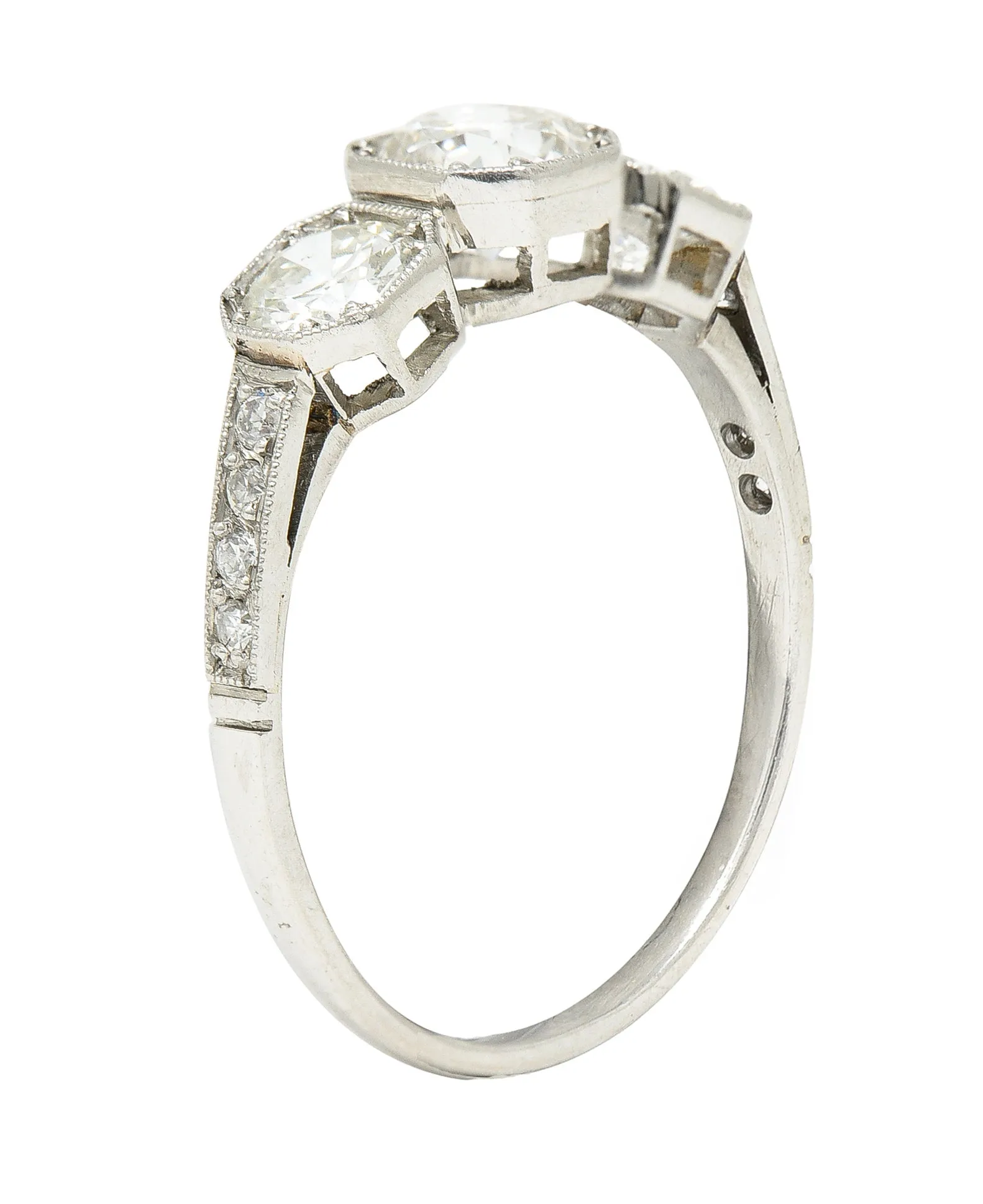 Art Deco 1.34 CTW Old European Cut Diamond Platinum Octagonal Three Stone Alternative Ring