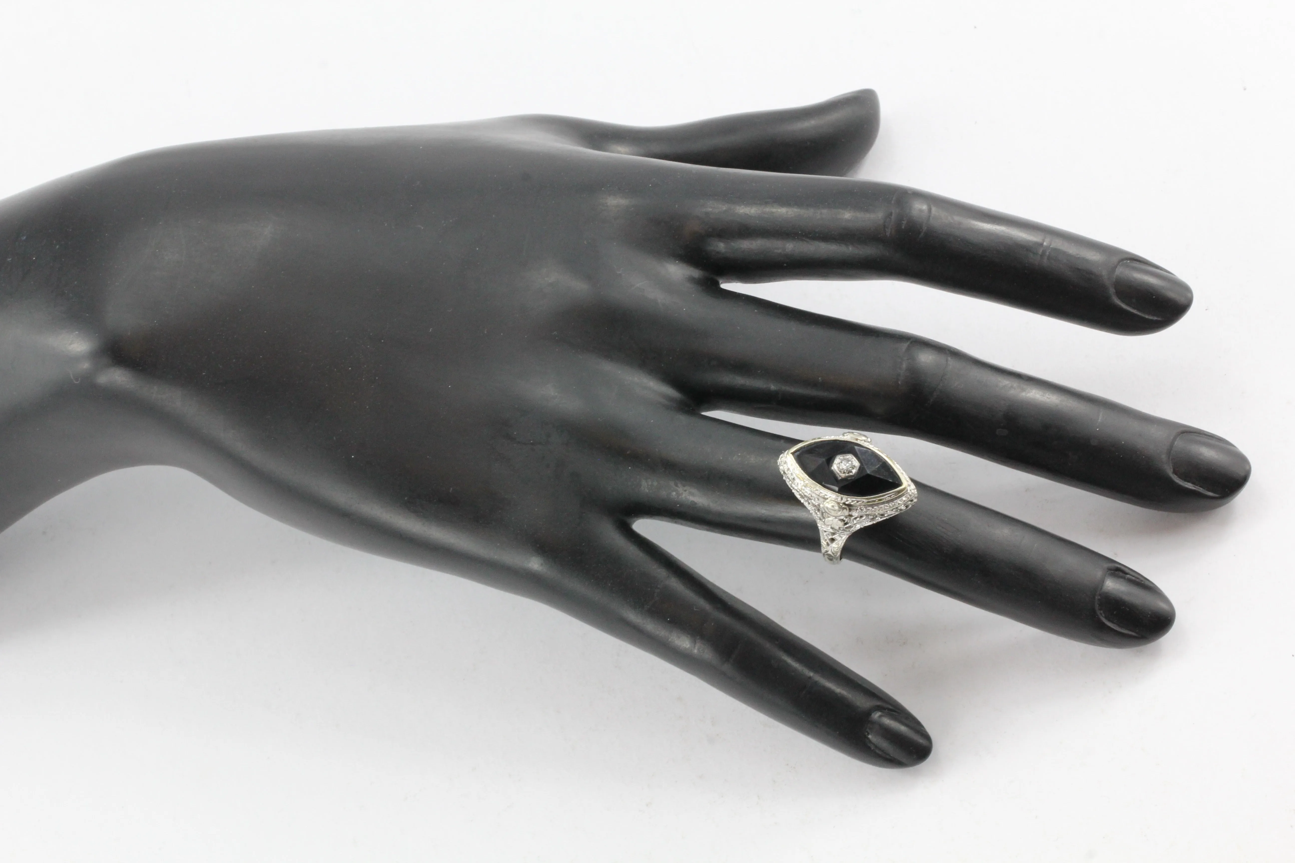 Art Deco 14K White Gold Onyx Diamond J.J. White Co. Filigree Ring c.1920's