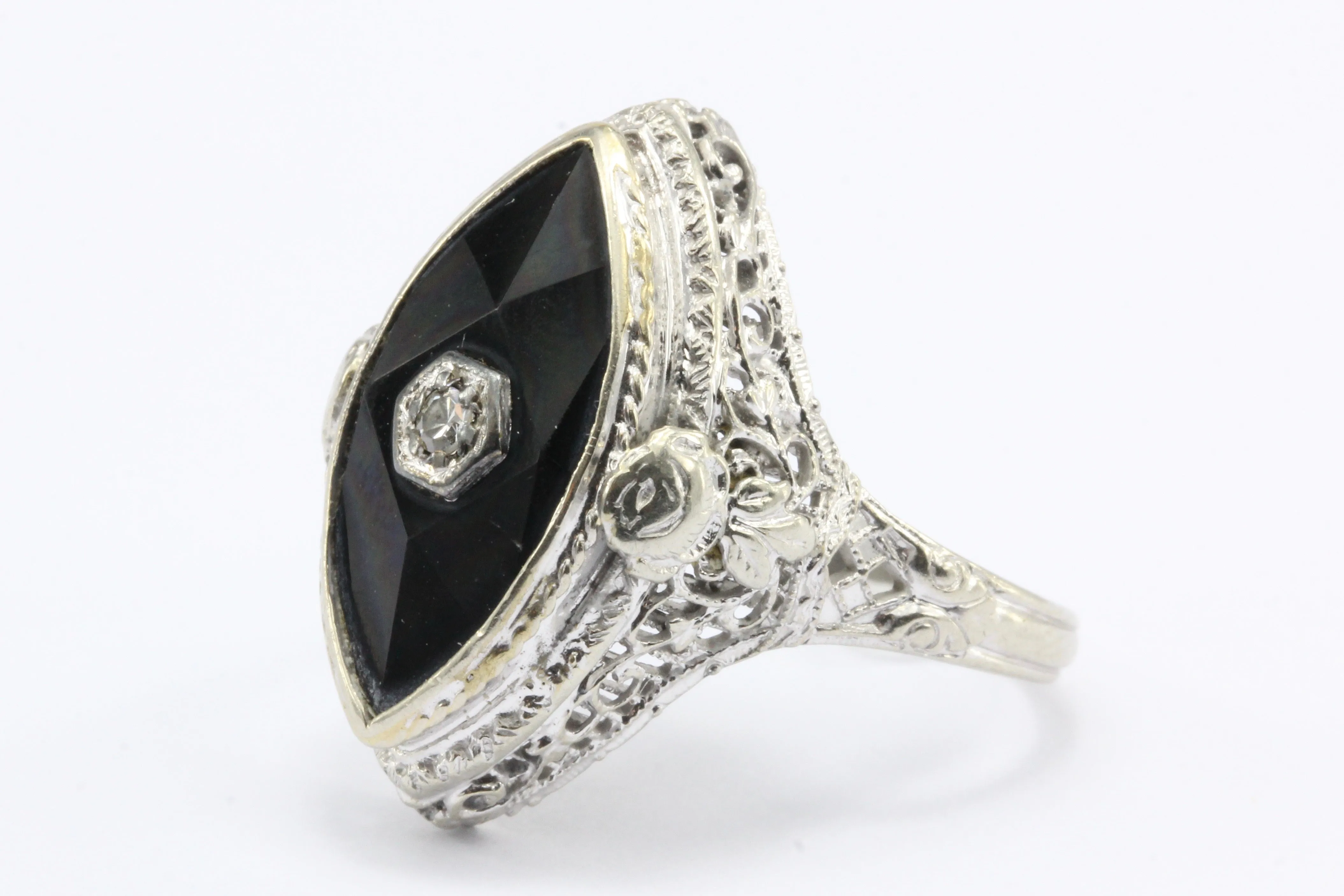 Art Deco 14K White Gold Onyx Diamond J.J. White Co. Filigree Ring c.1920's