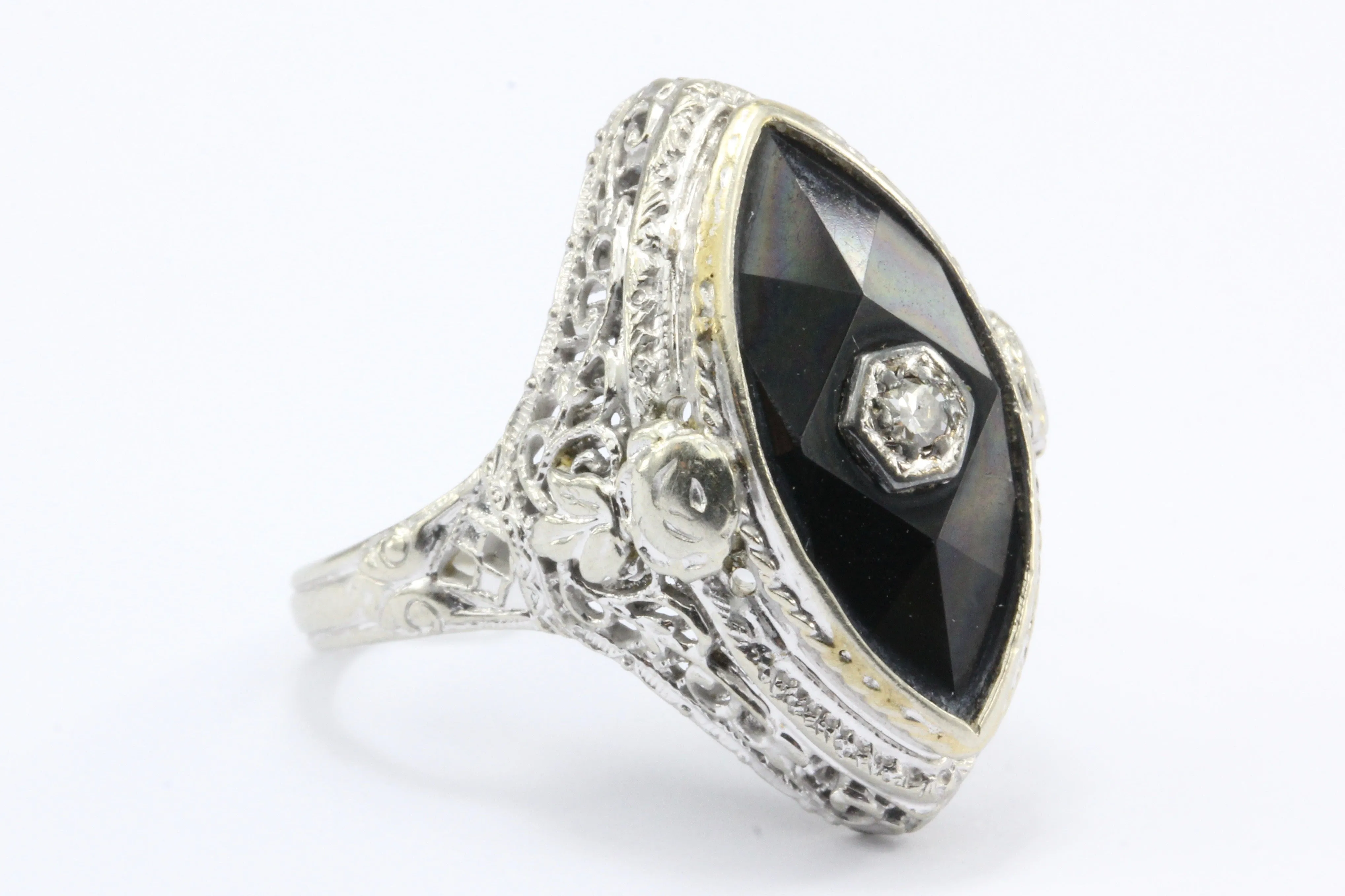 Art Deco 14K White Gold Onyx Diamond J.J. White Co. Filigree Ring c.1920's