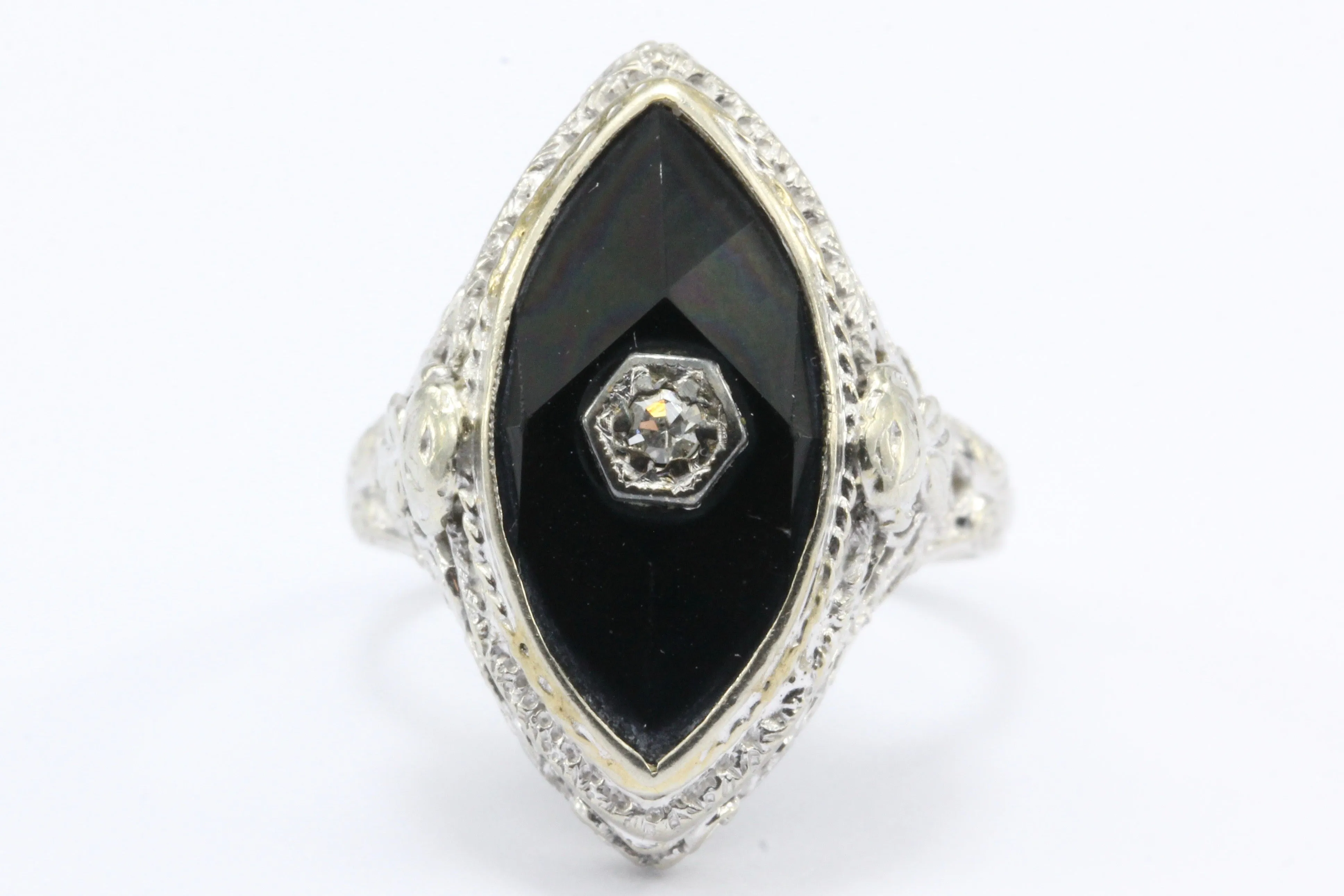 Art Deco 14K White Gold Onyx Diamond J.J. White Co. Filigree Ring c.1920's