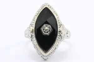Art Deco 14K White Gold Onyx Diamond J.J. White Co. Filigree Ring c.1920's