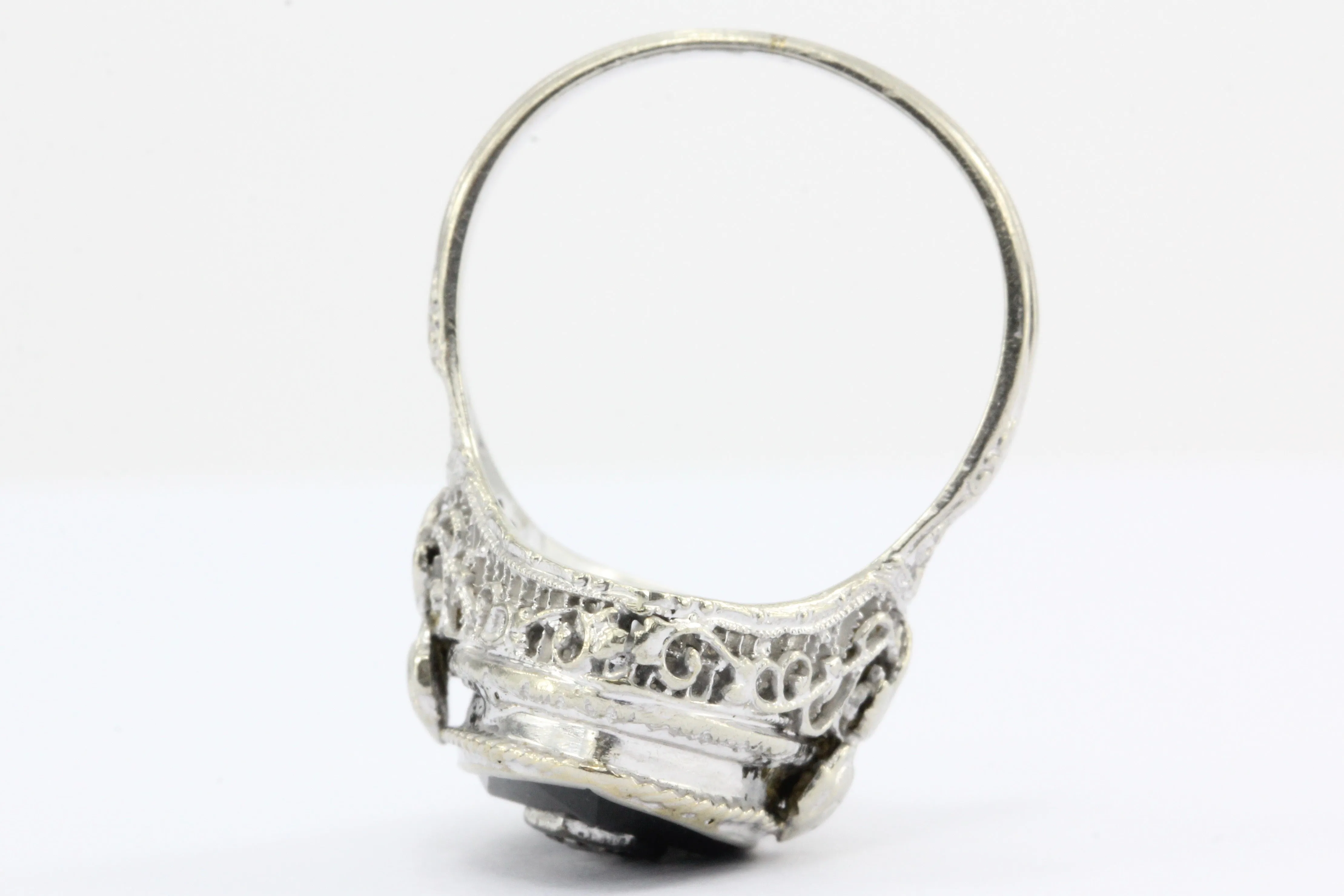Art Deco 14K White Gold Onyx Diamond J.J. White Co. Filigree Ring c.1920's