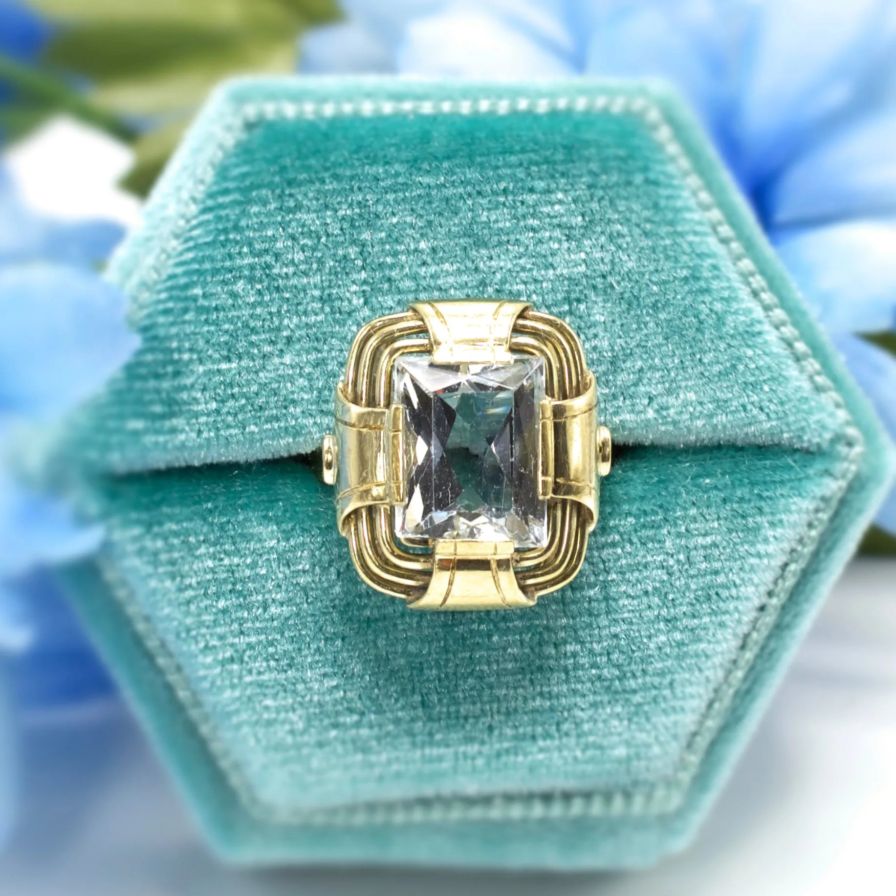 Art Deco 14K Yellow Gold and Rectangular Faceted Aquamarine Ring