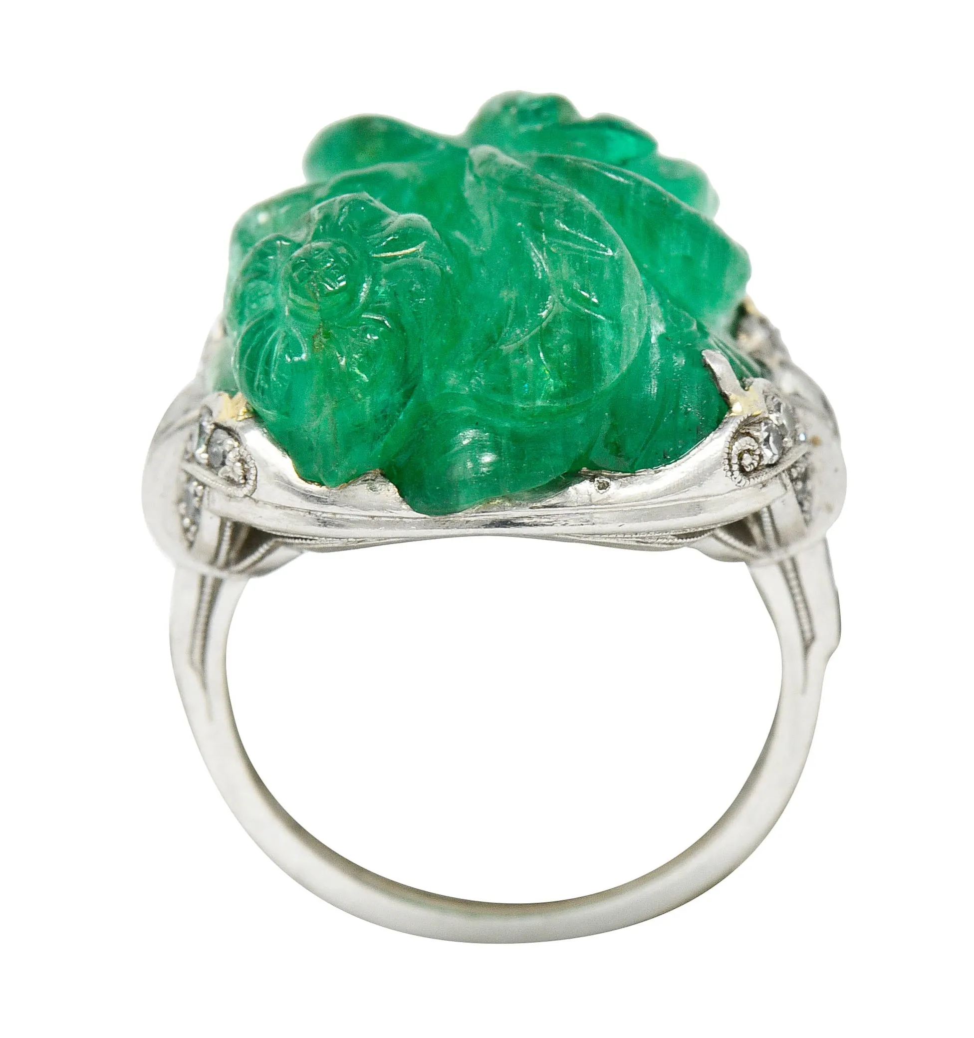 Art Deco 15.60 CTW Carved Colombian Emerald Diamond Platinum Floral Vintage Ring