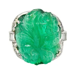 Art Deco 15.60 CTW Carved Colombian Emerald Diamond Platinum Floral Vintage Ring