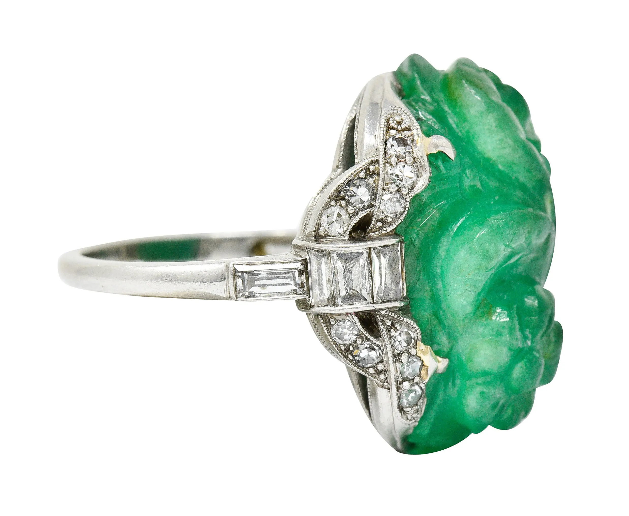 Art Deco 15.60 CTW Carved Colombian Emerald Diamond Platinum Floral Vintage Ring