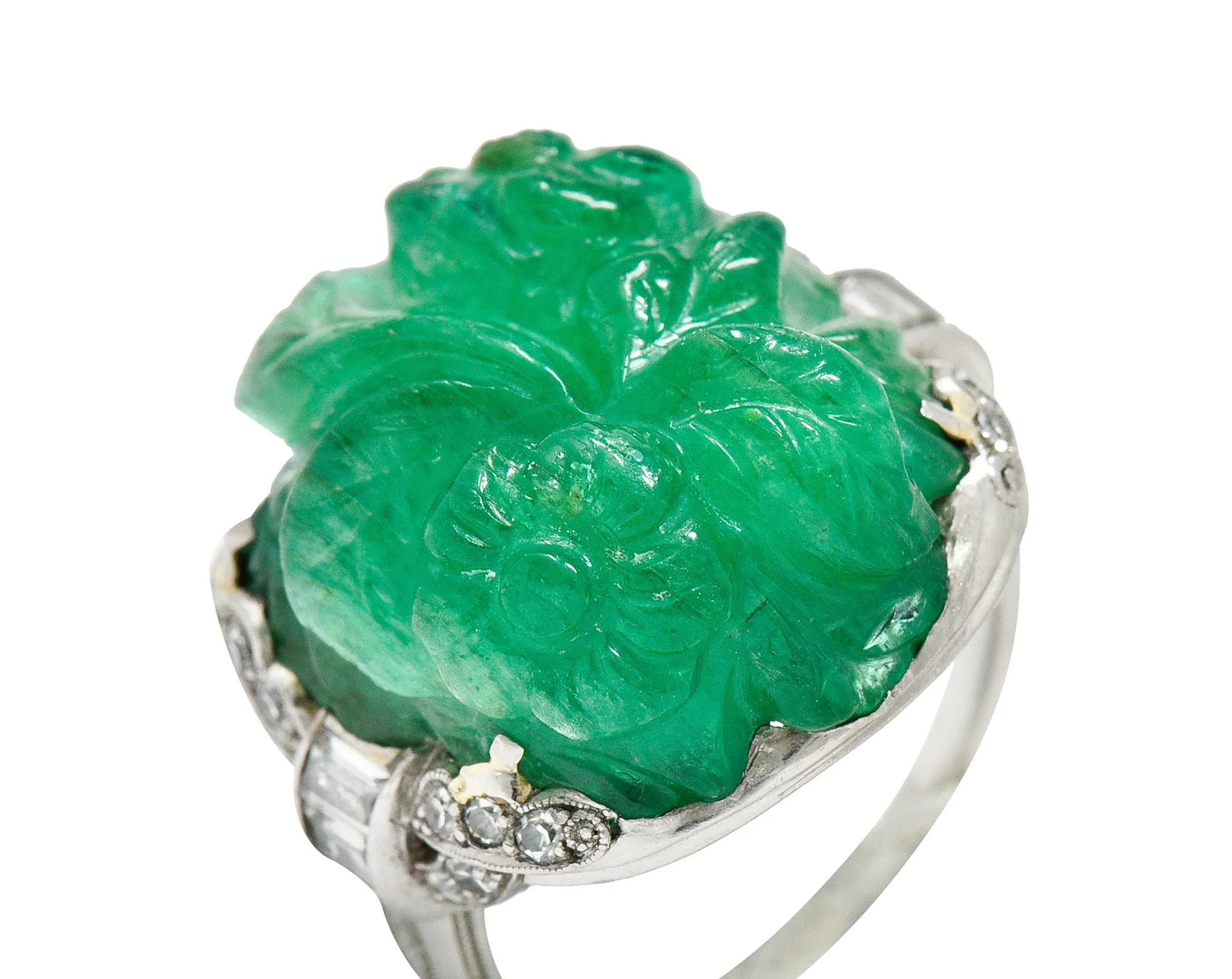 Art Deco 15.60 CTW Carved Colombian Emerald Diamond Platinum Floral Vintage Ring
