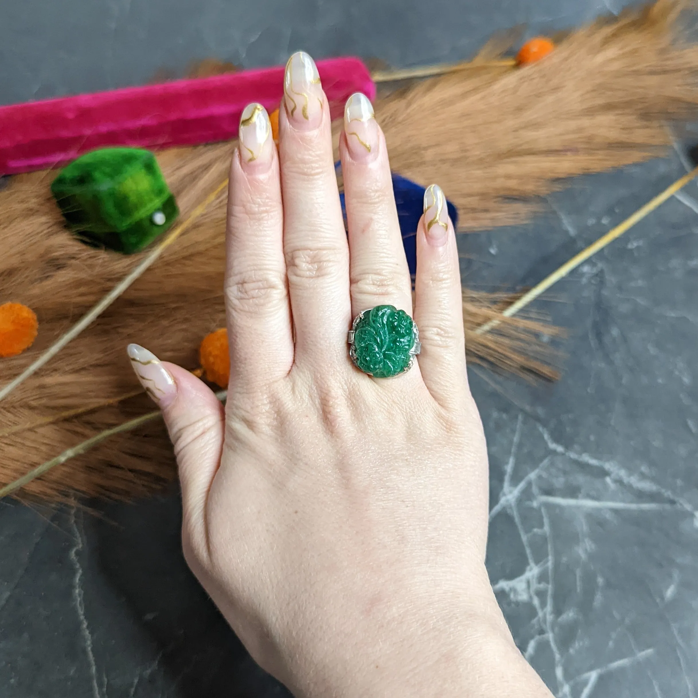 Art Deco 15.60 CTW Carved Colombian Emerald Diamond Platinum Floral Vintage Ring