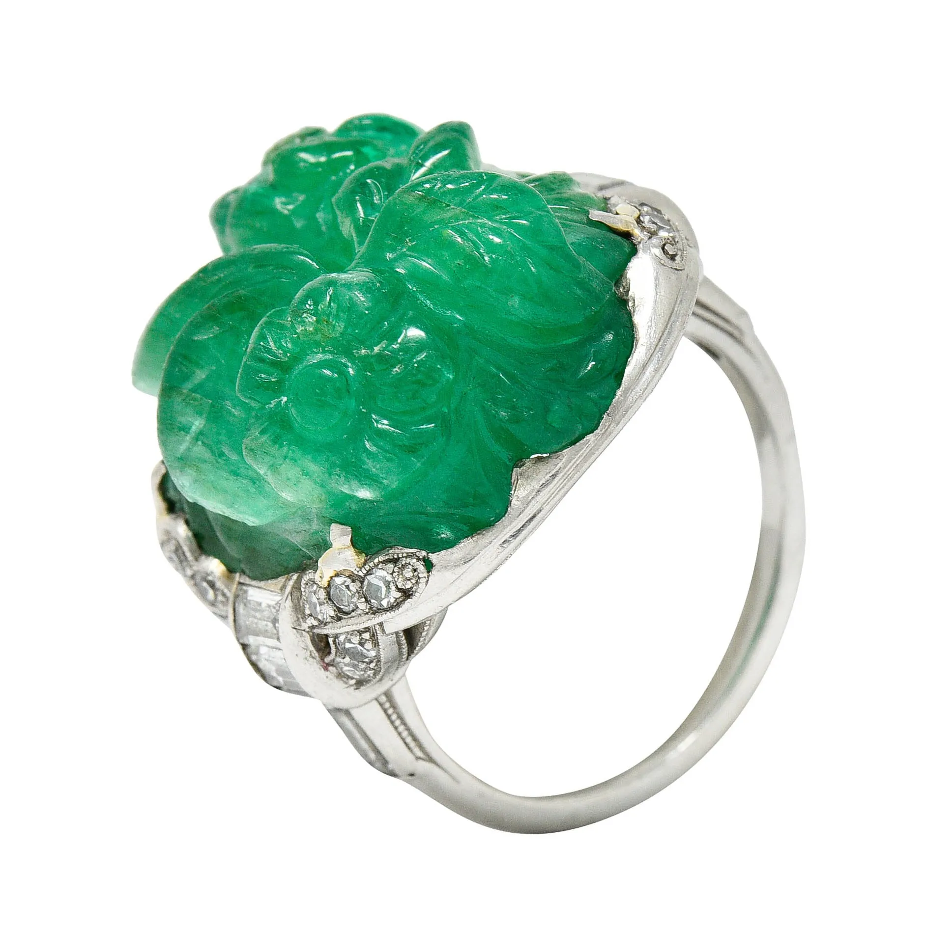 Art Deco 15.60 CTW Carved Colombian Emerald Diamond Platinum Floral Vintage Ring