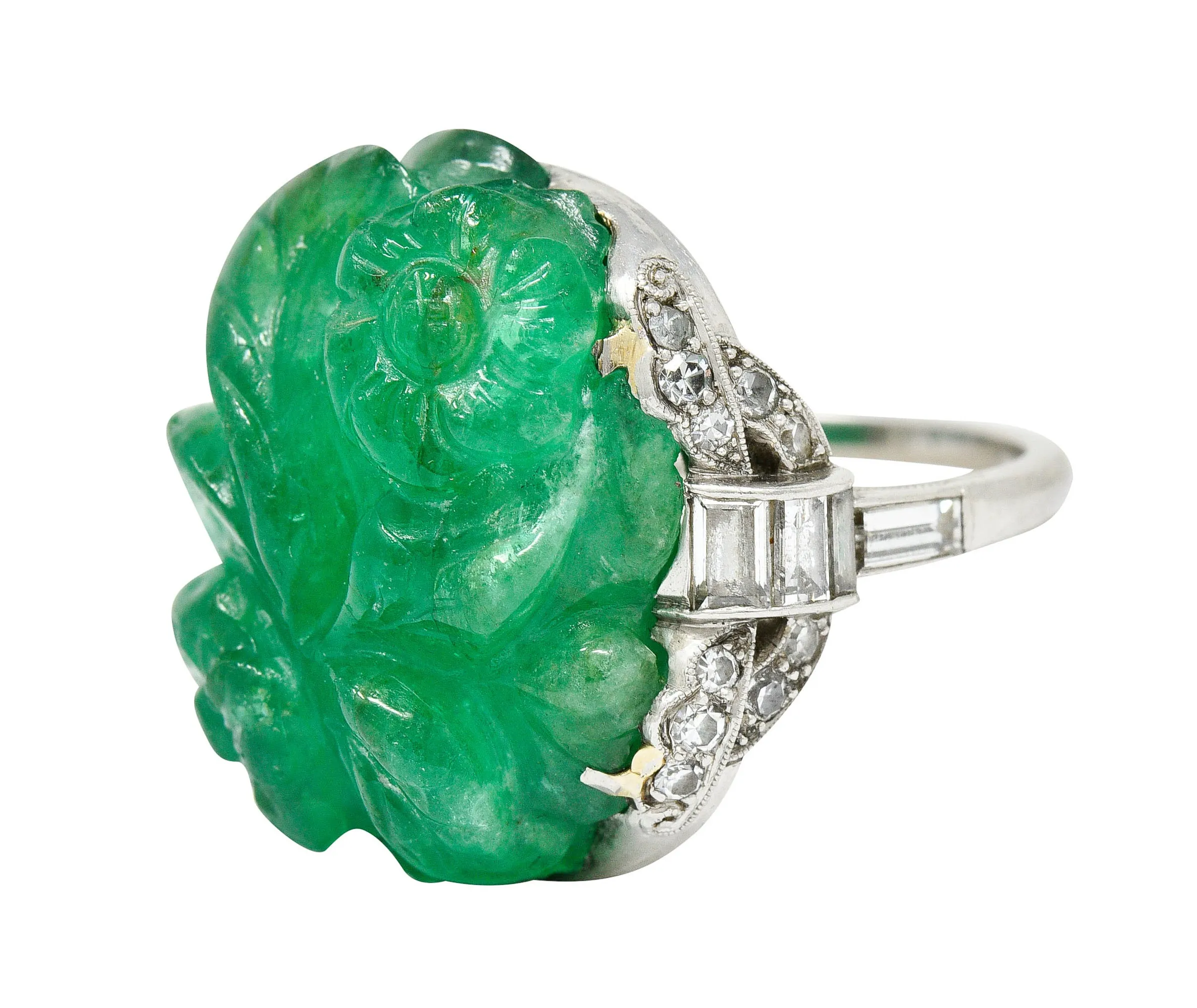Art Deco 15.60 CTW Carved Colombian Emerald Diamond Platinum Floral Vintage Ring