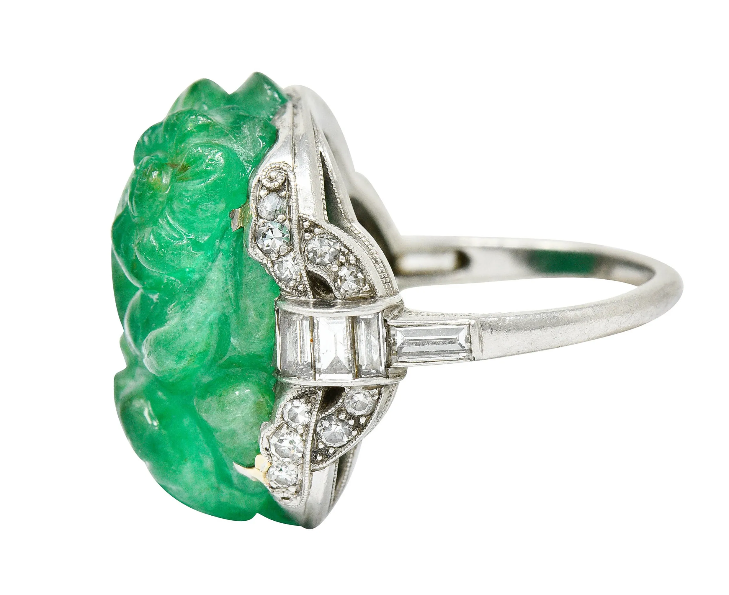 Art Deco 15.60 CTW Carved Colombian Emerald Diamond Platinum Floral Vintage Ring