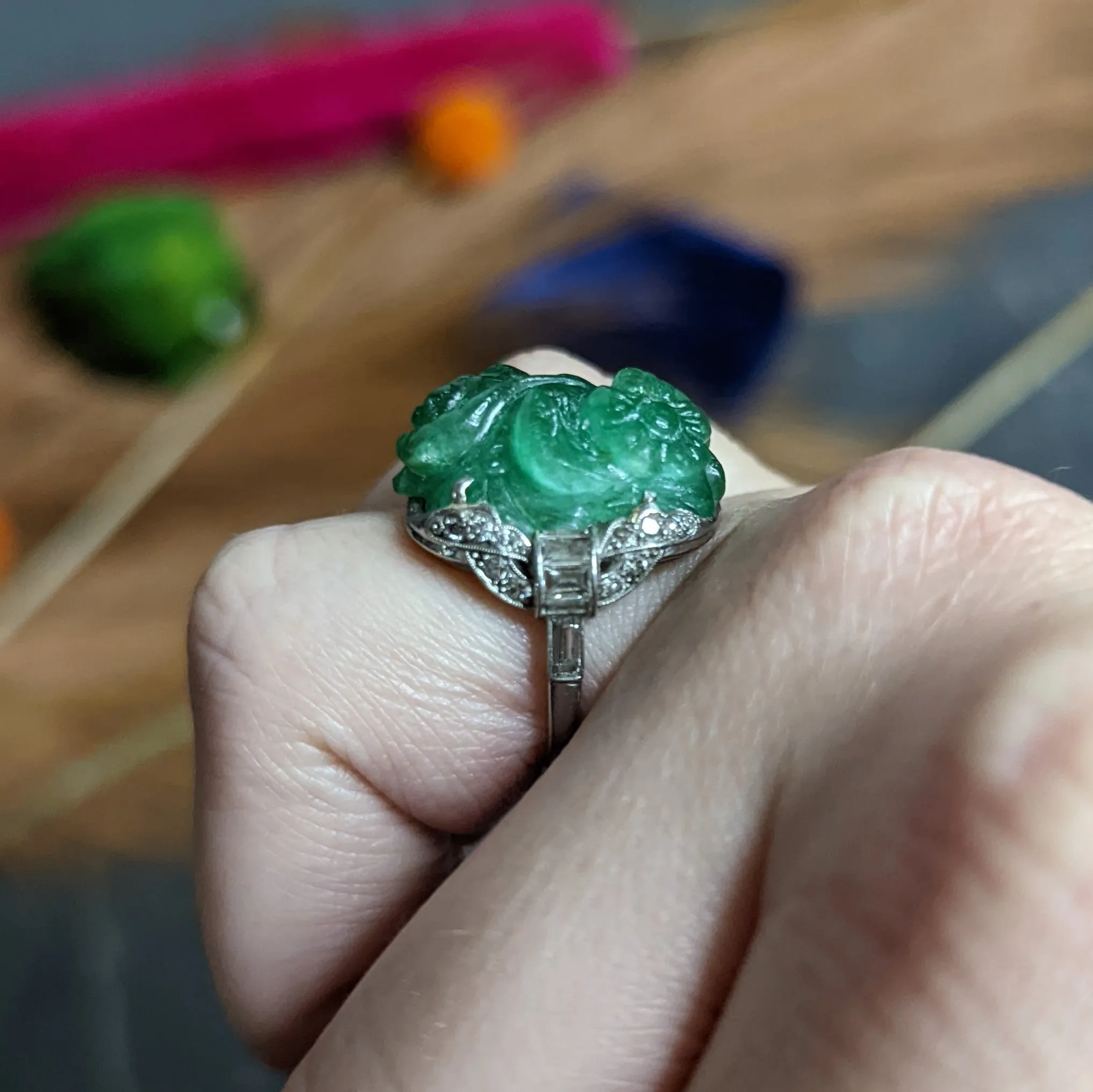 Art Deco 15.60 CTW Carved Colombian Emerald Diamond Platinum Floral Vintage Ring