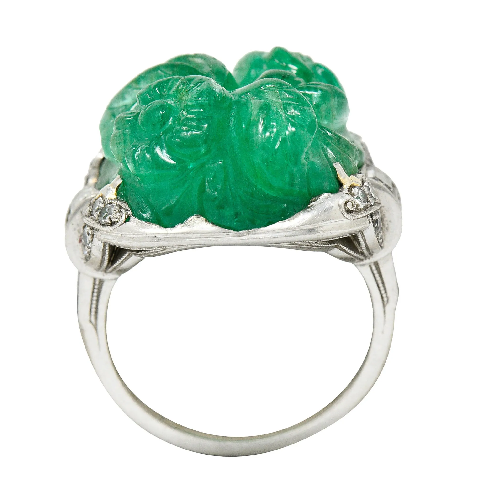Art Deco 15.60 CTW Carved Colombian Emerald Diamond Platinum Floral Vintage Ring