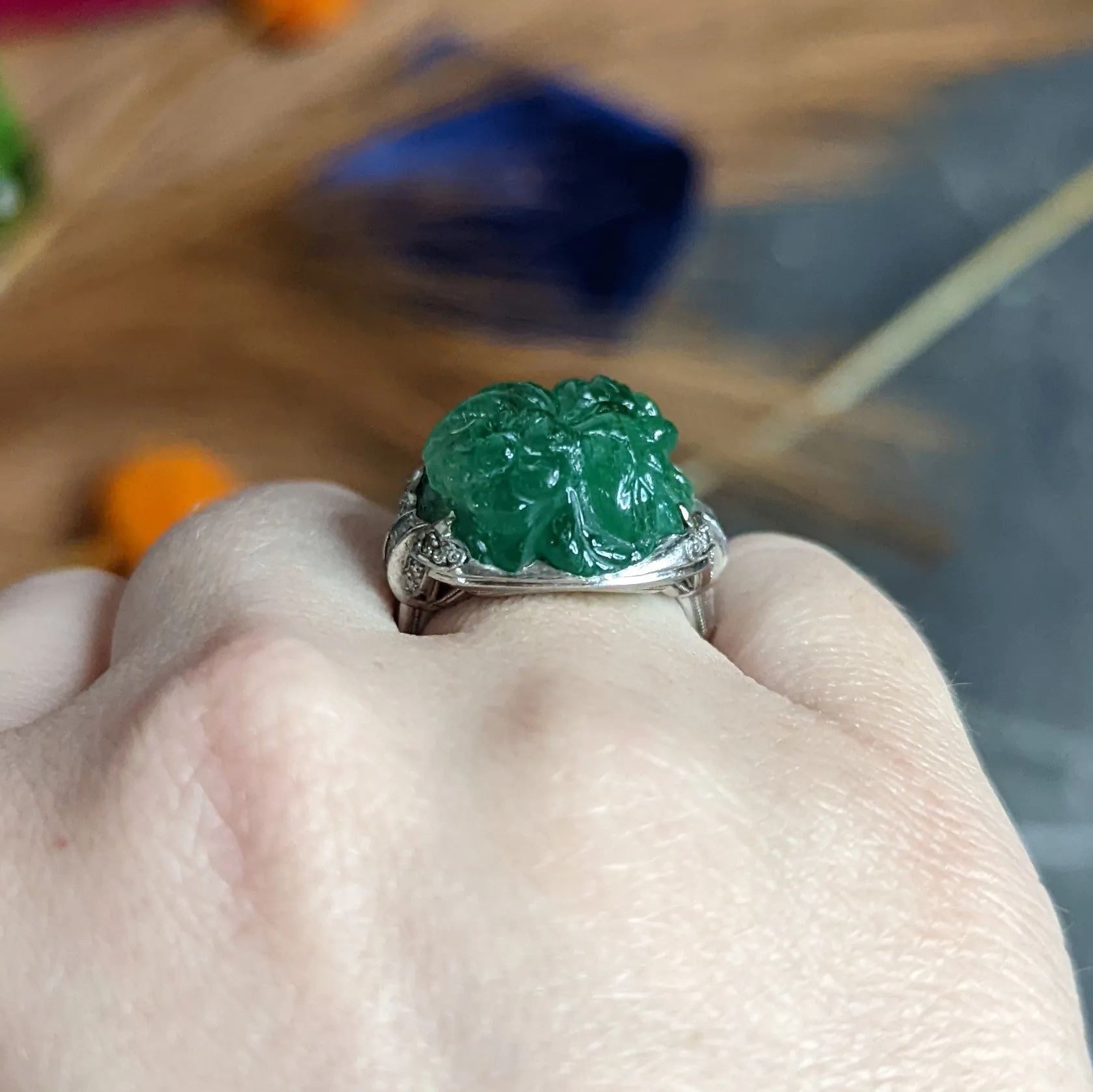 Art Deco 15.60 CTW Carved Colombian Emerald Diamond Platinum Floral Vintage Ring