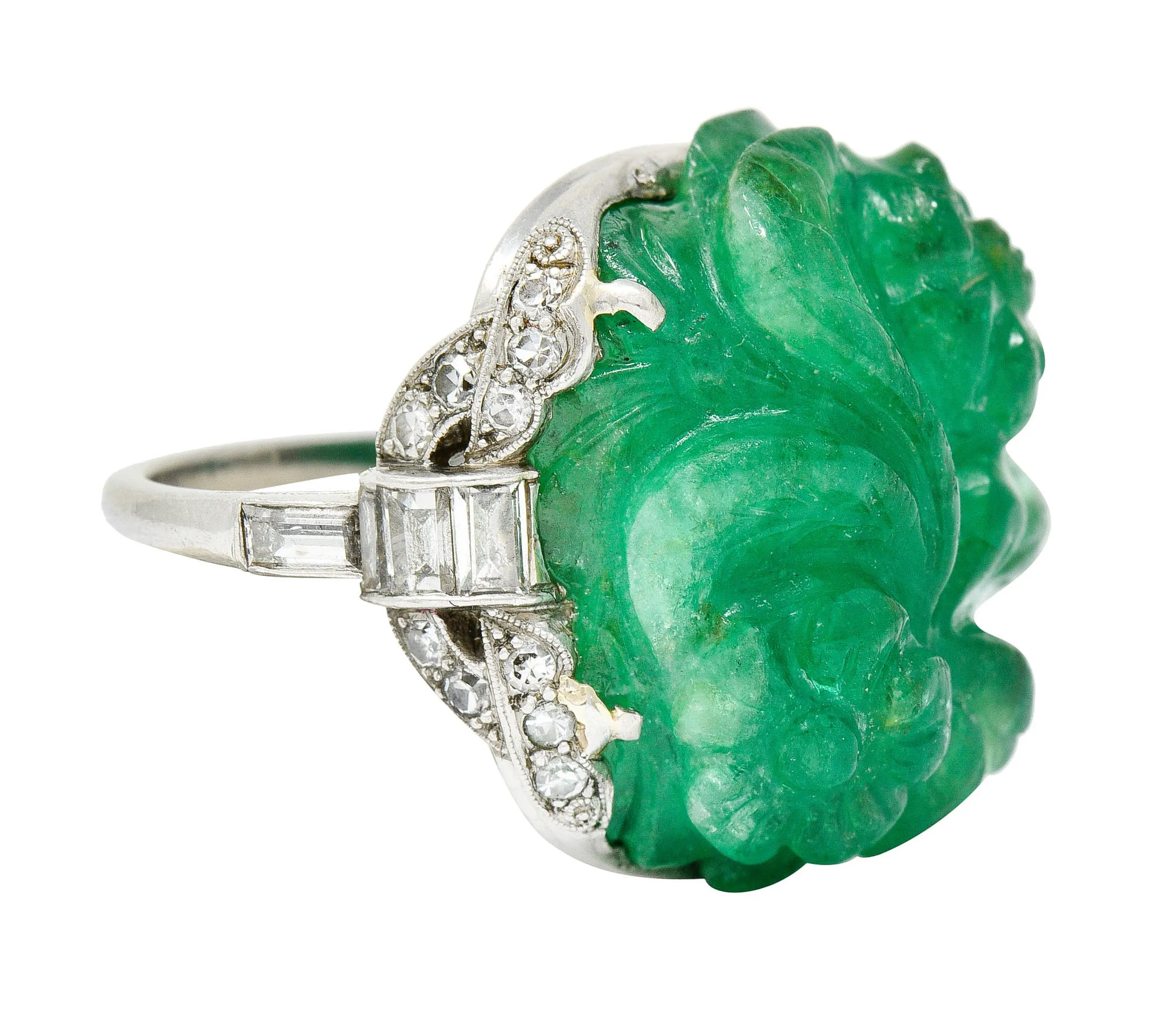 Art Deco 15.60 CTW Carved Colombian Emerald Diamond Platinum Floral Vintage Ring
