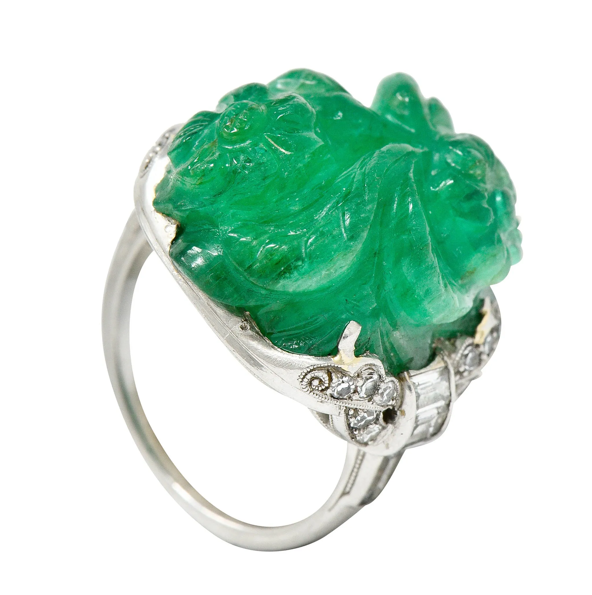 Art Deco 15.60 CTW Carved Colombian Emerald Diamond Platinum Floral Vintage Ring
