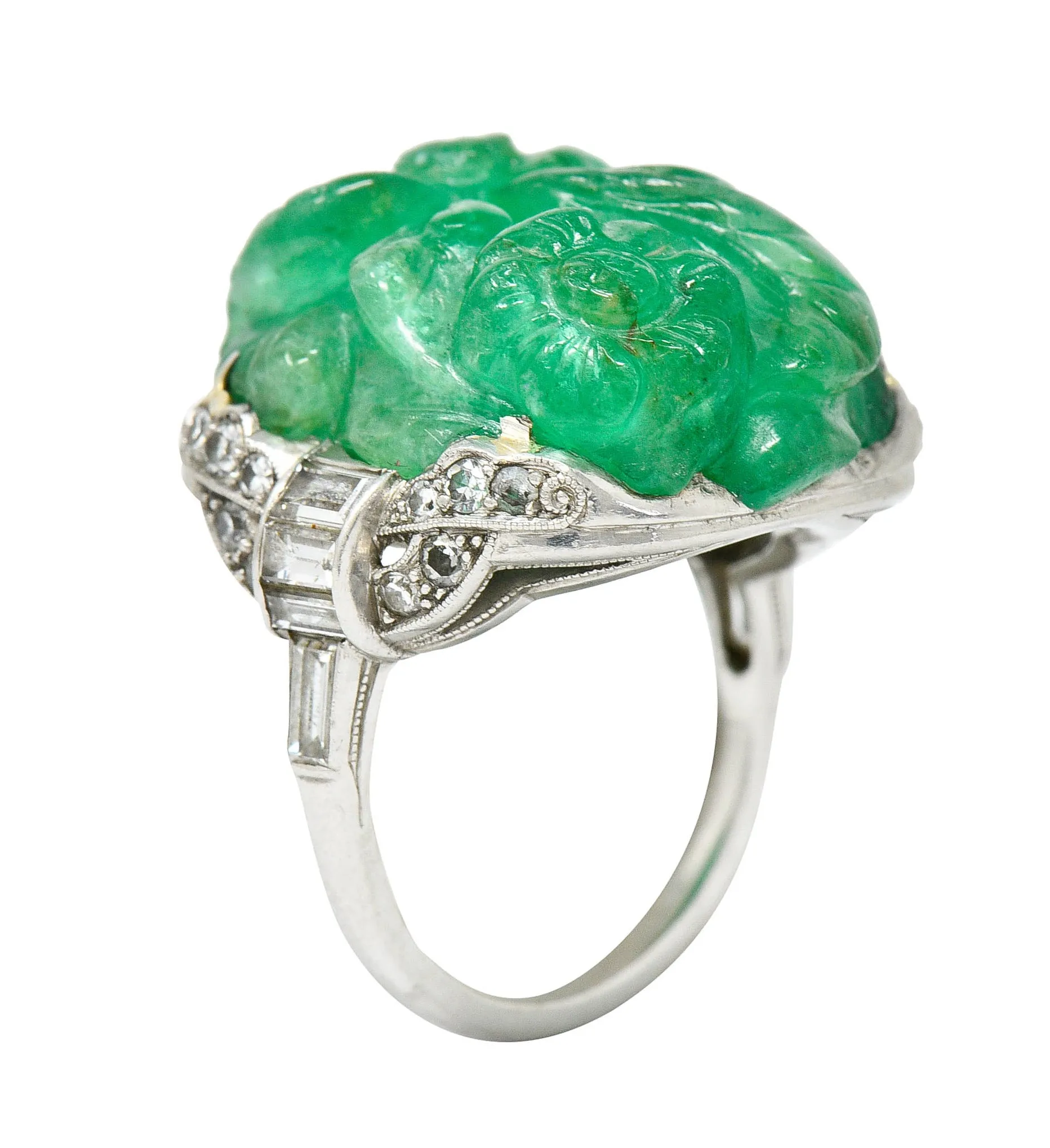 Art Deco 15.60 CTW Carved Colombian Emerald Diamond Platinum Floral Vintage Ring