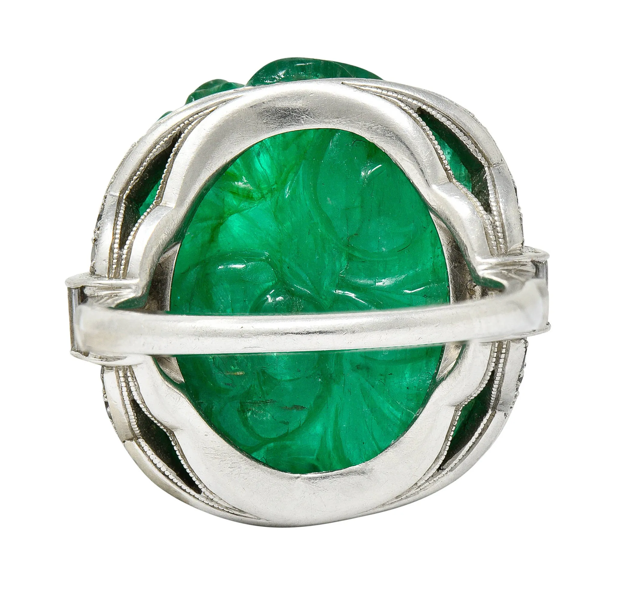 Art Deco 15.60 CTW Carved Colombian Emerald Diamond Platinum Floral Vintage Ring