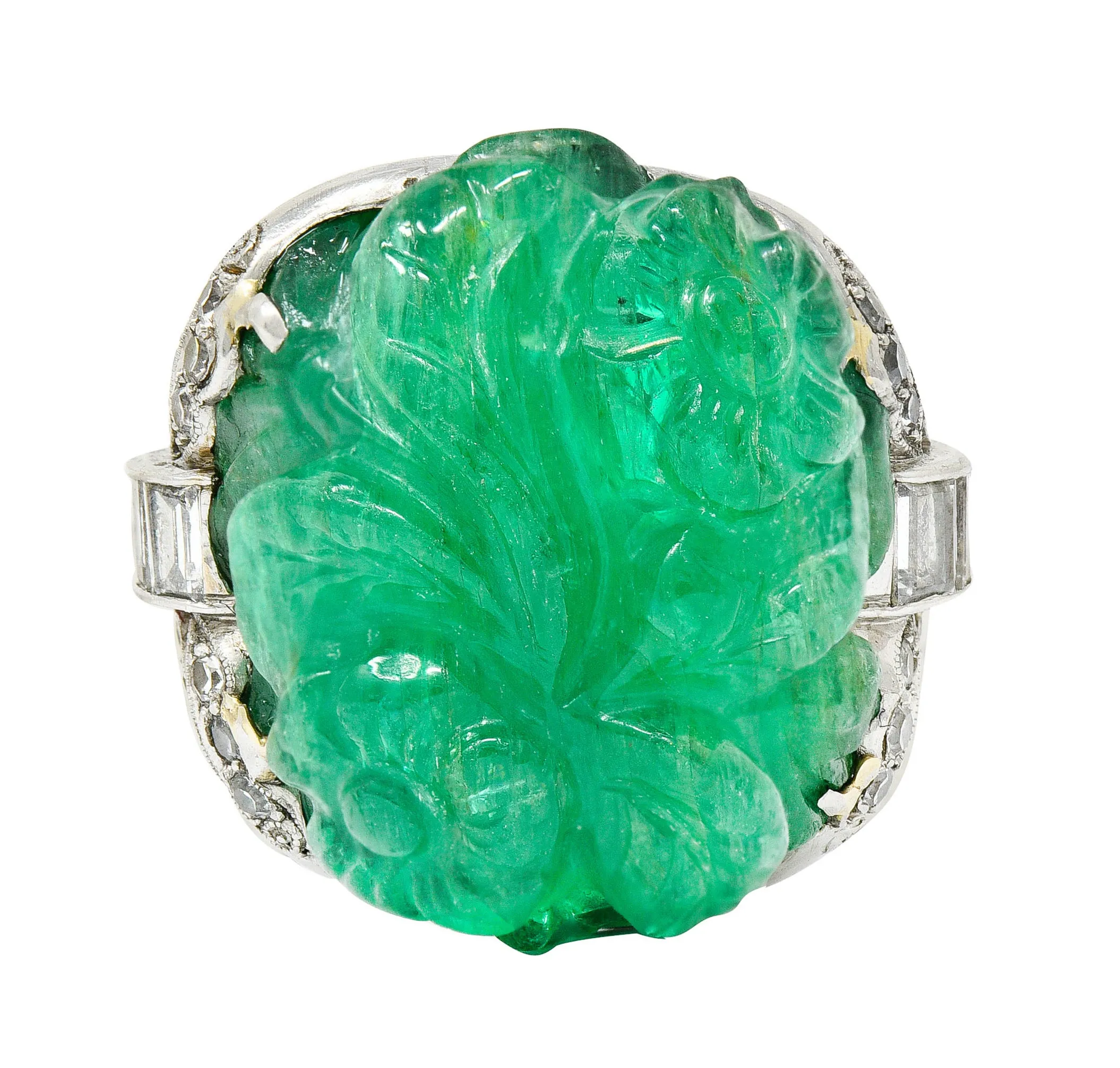 Art Deco 15.60 CTW Carved Colombian Emerald Diamond Platinum Floral Vintage Ring