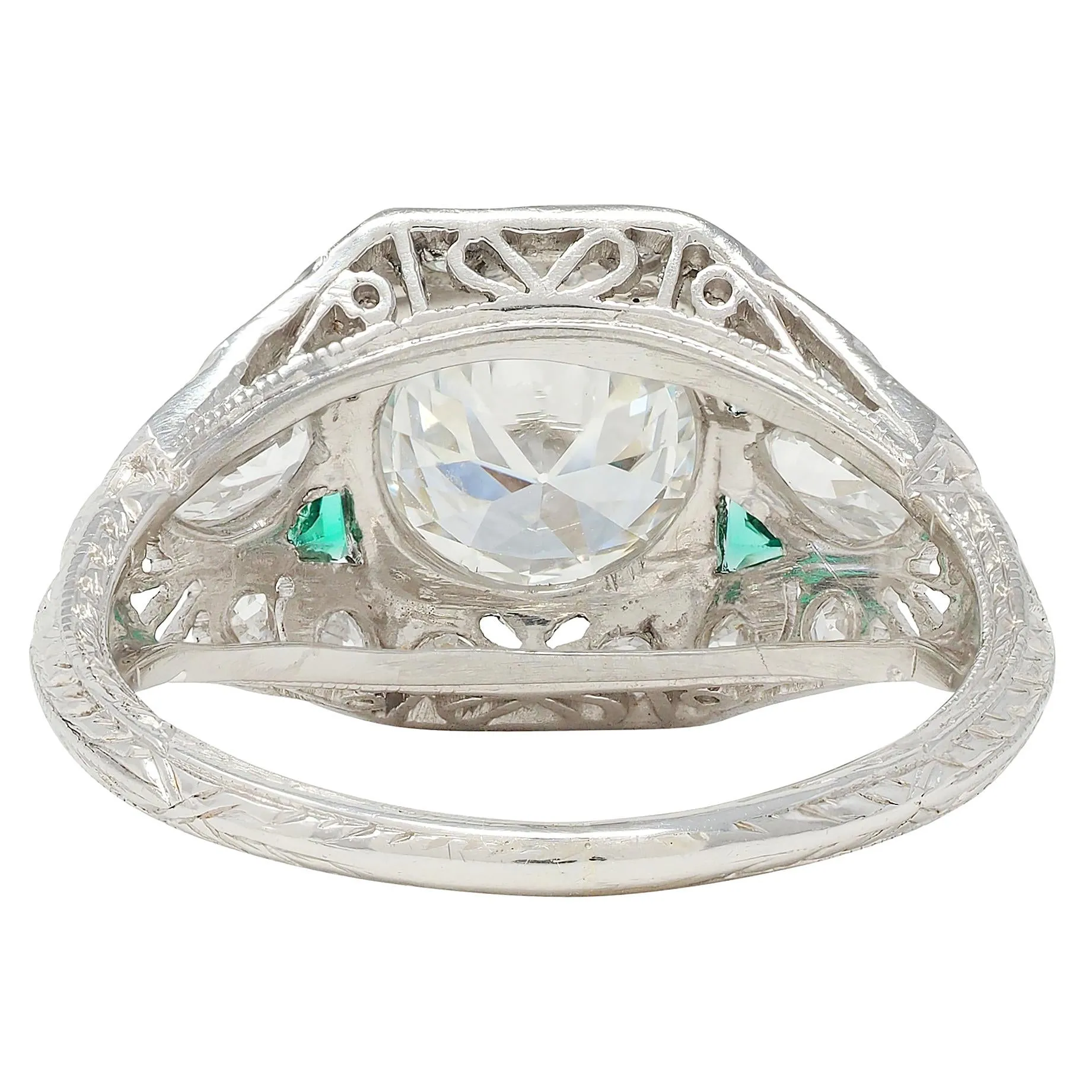 Art Deco 1.72 CTW Old European Diamond Emerald Platinum Vintage Wheat Bombé Engagement Ring