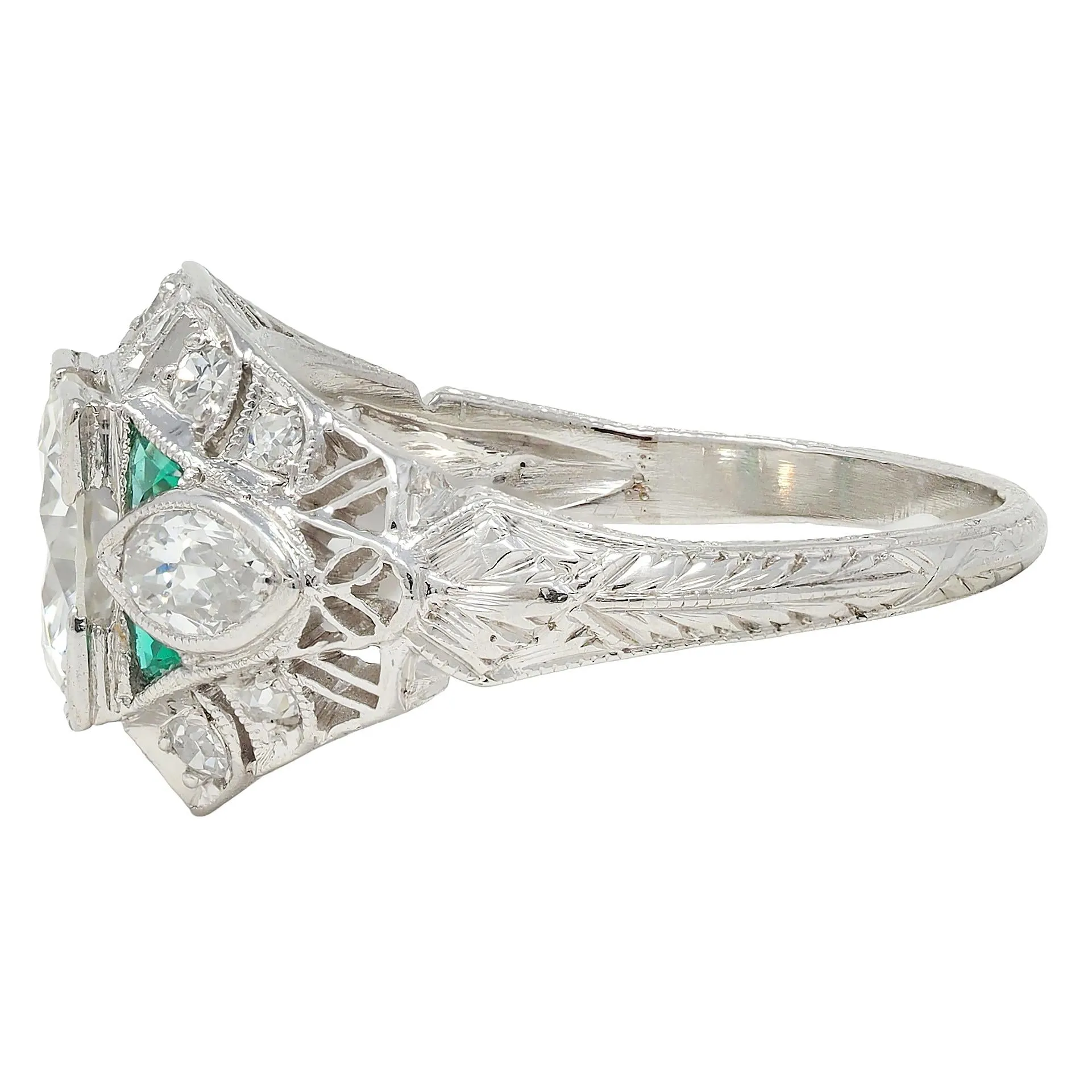 Art Deco 1.72 CTW Old European Diamond Emerald Platinum Vintage Wheat Bombé Engagement Ring