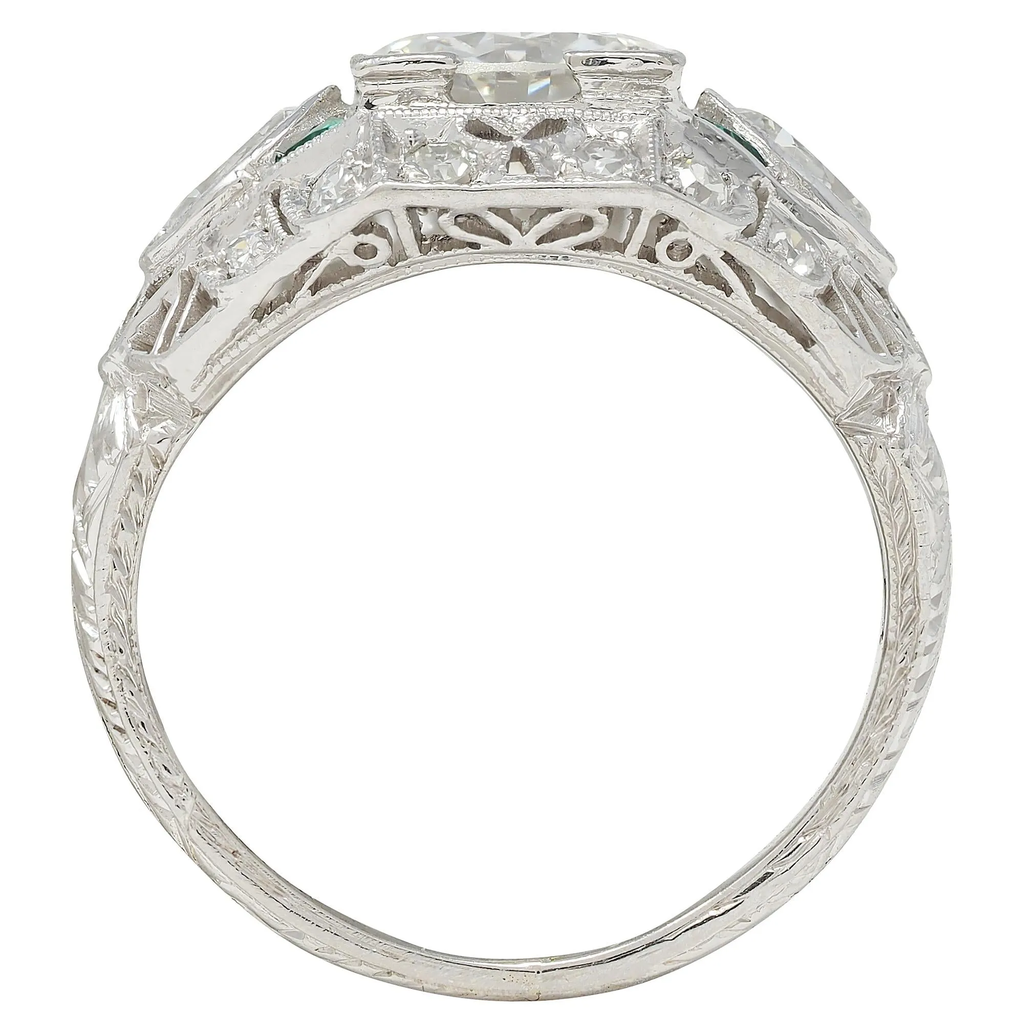 Art Deco 1.72 CTW Old European Diamond Emerald Platinum Vintage Wheat Bombé Engagement Ring