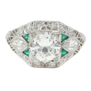 Art Deco 1.72 CTW Old European Diamond Emerald Platinum Vintage Wheat Bombé Engagement Ring