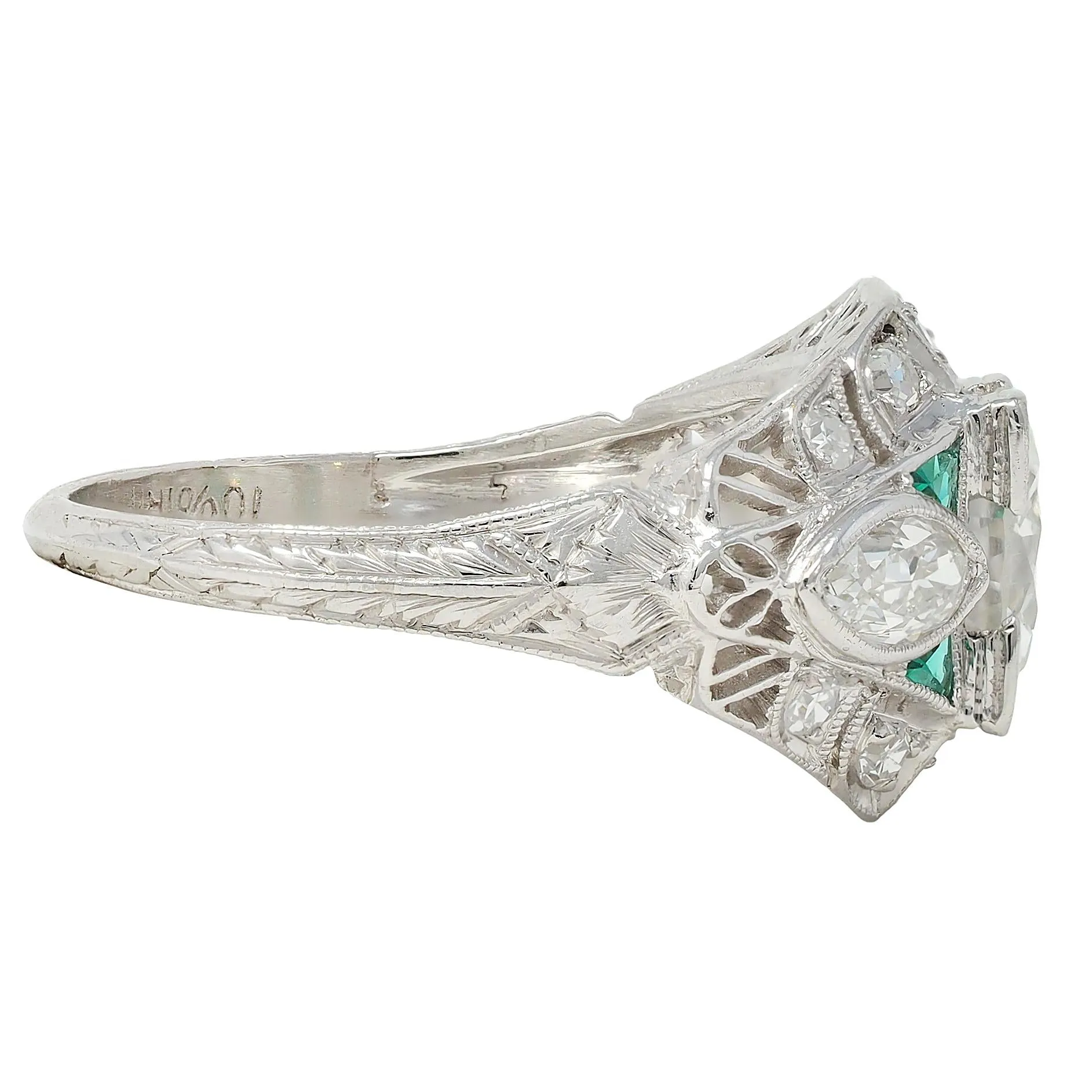 Art Deco 1.72 CTW Old European Diamond Emerald Platinum Vintage Wheat Bombé Engagement Ring