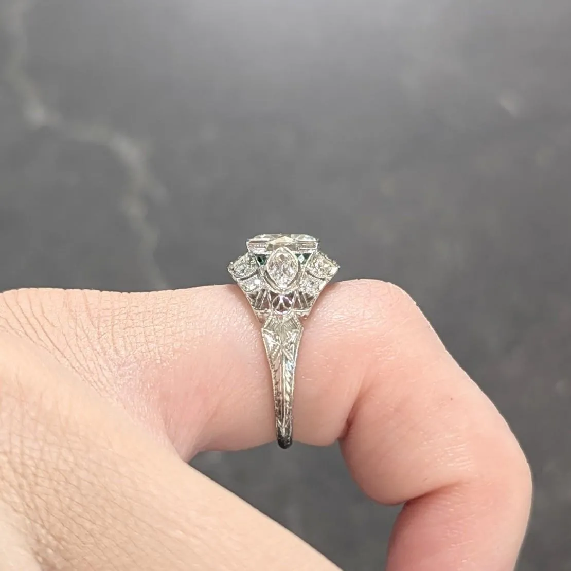 Art Deco 1.72 CTW Old European Diamond Emerald Platinum Vintage Wheat Bombé Engagement Ring
