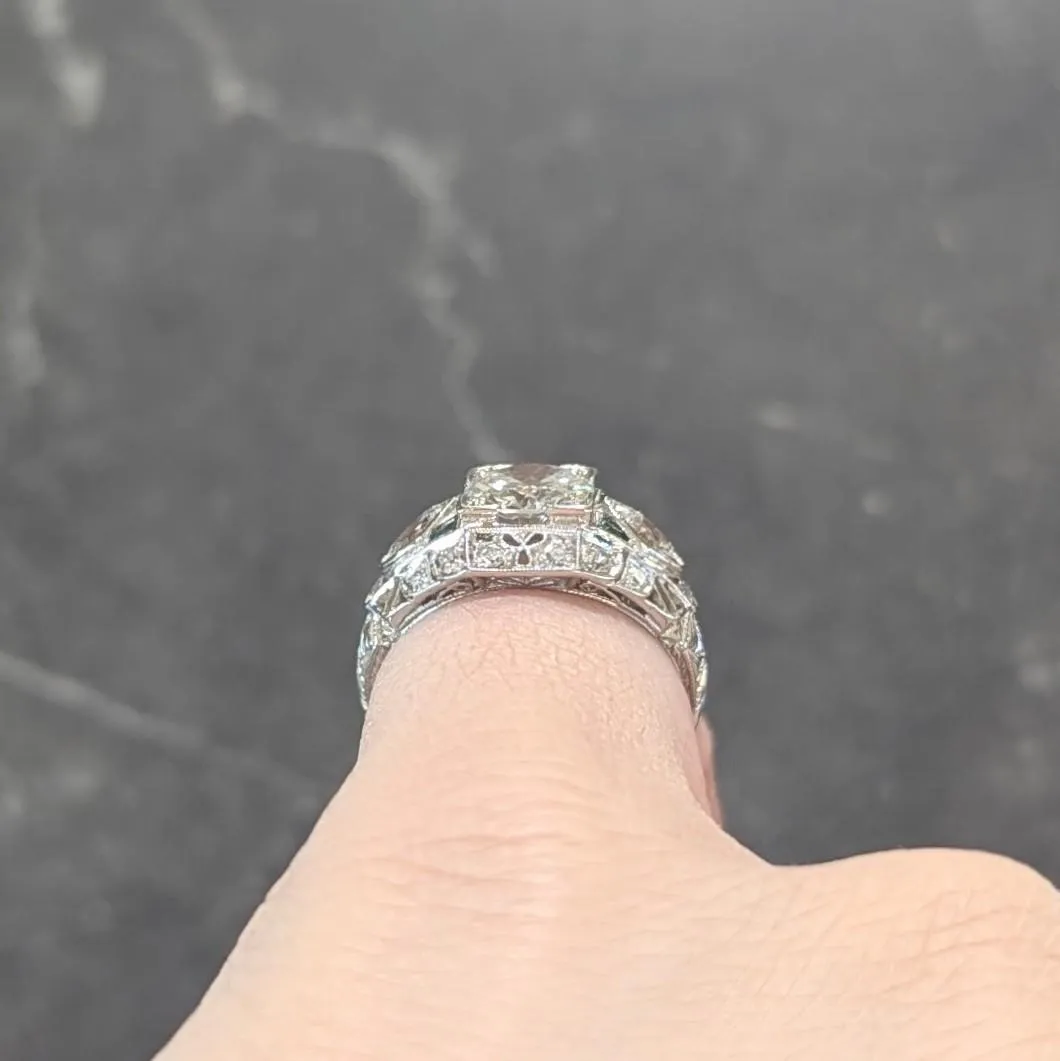 Art Deco 1.72 CTW Old European Diamond Emerald Platinum Vintage Wheat Bombé Engagement Ring