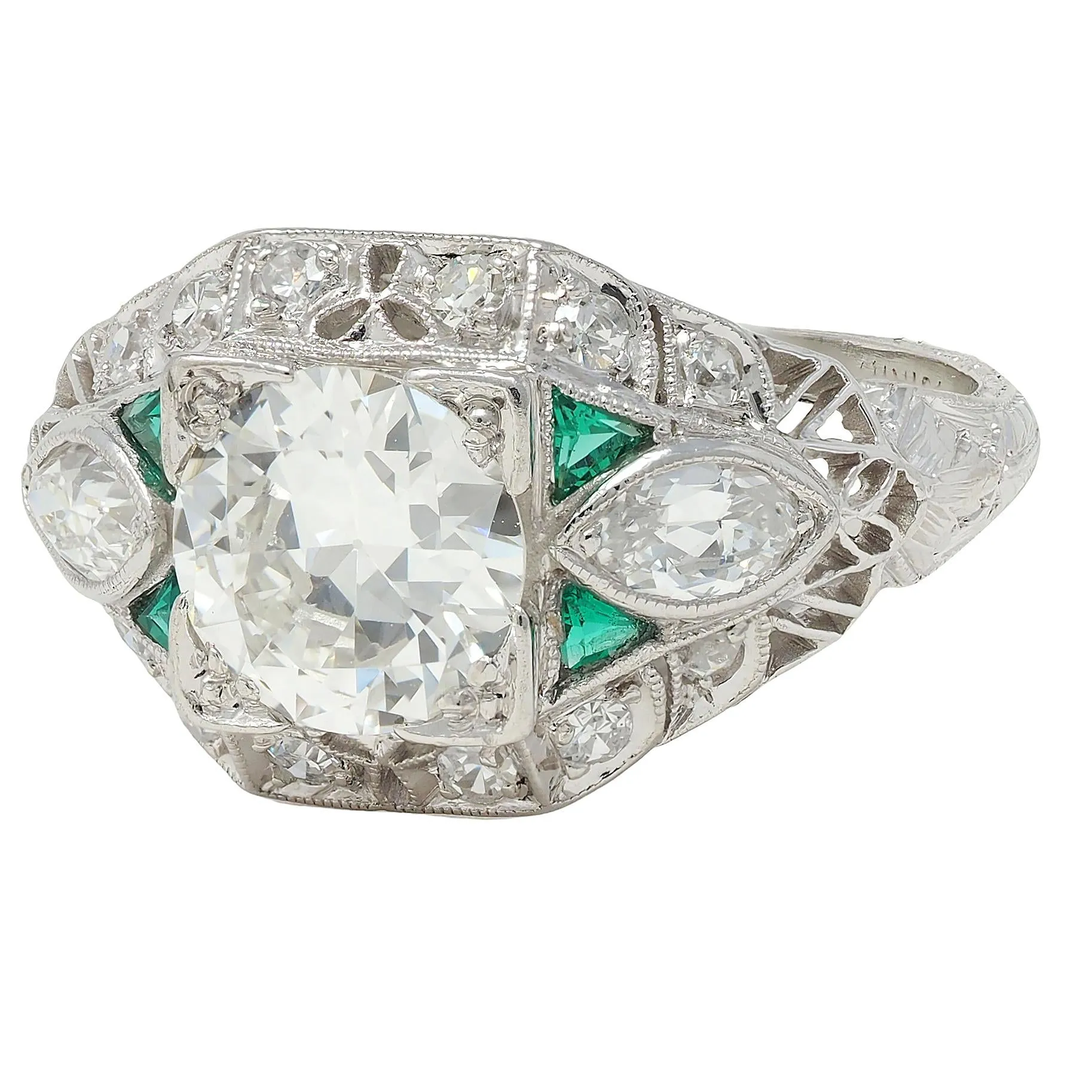 Art Deco 1.72 CTW Old European Diamond Emerald Platinum Vintage Wheat Bombé Engagement Ring
