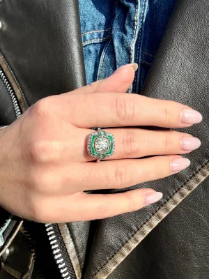 Art Deco 1.87ct Diamond & Emerald Ring, Platinum