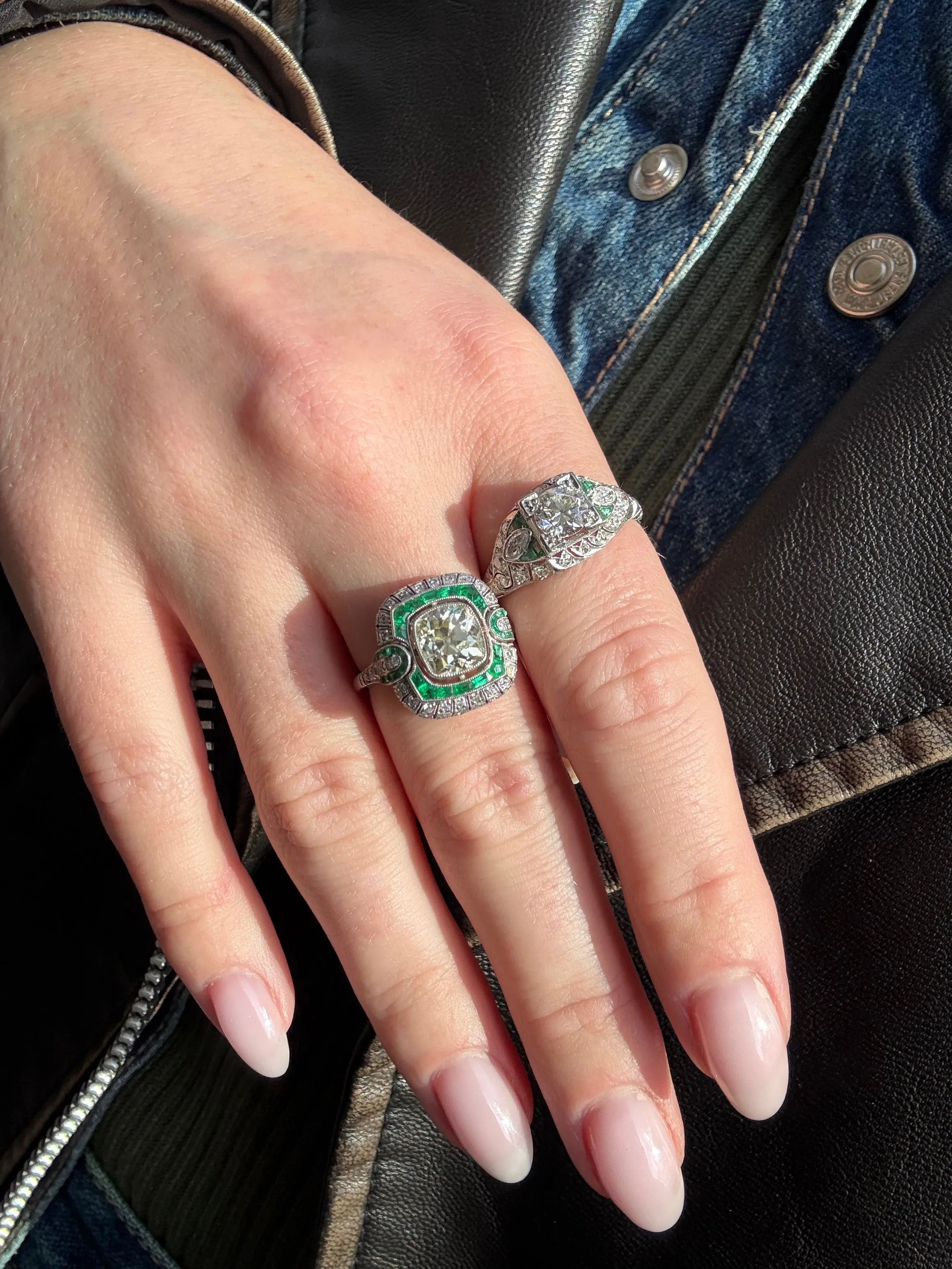 Art Deco 1.87ct Diamond & Emerald Ring, Platinum