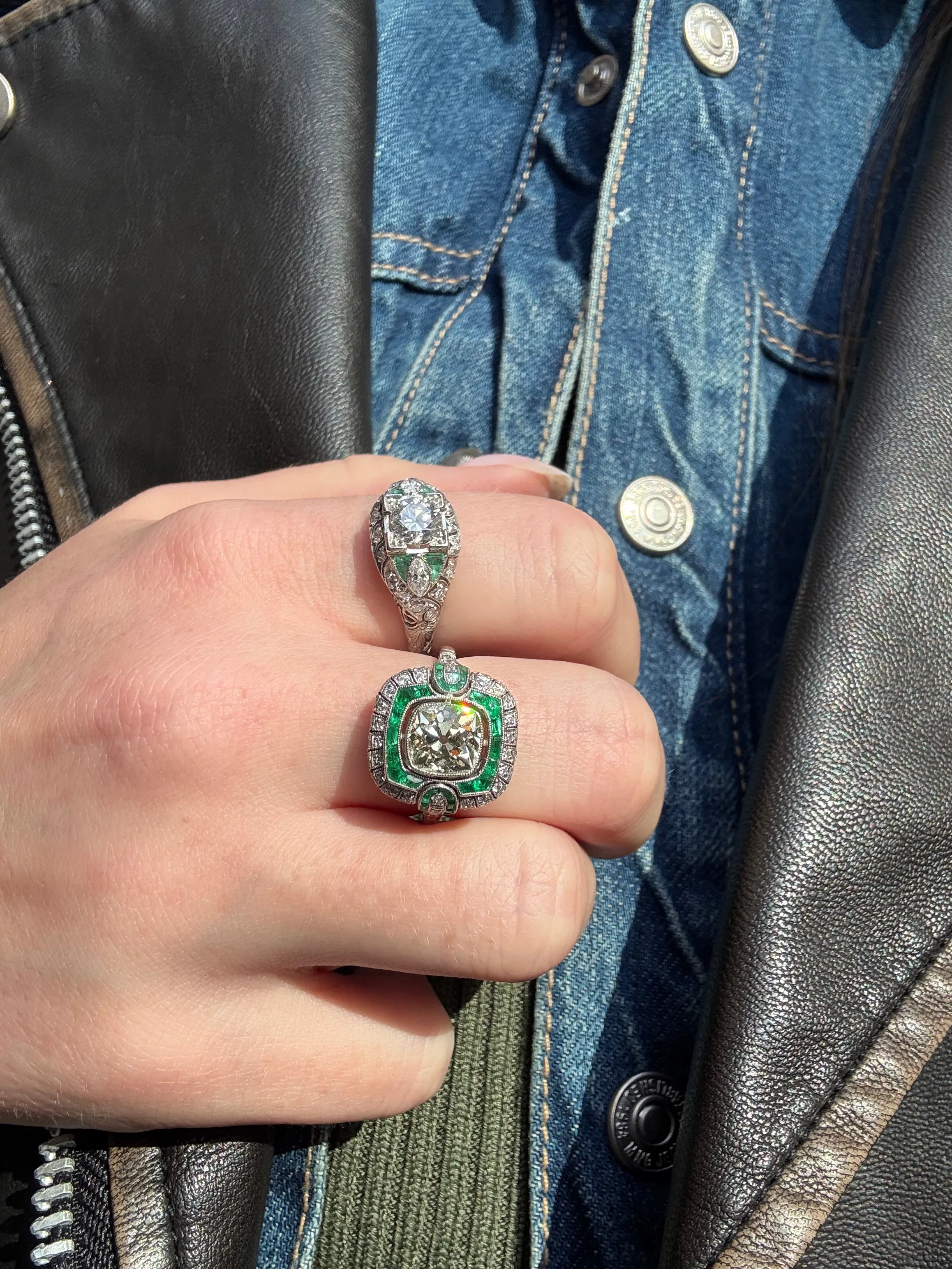Art Deco 1.87ct Diamond & Emerald Ring, Platinum